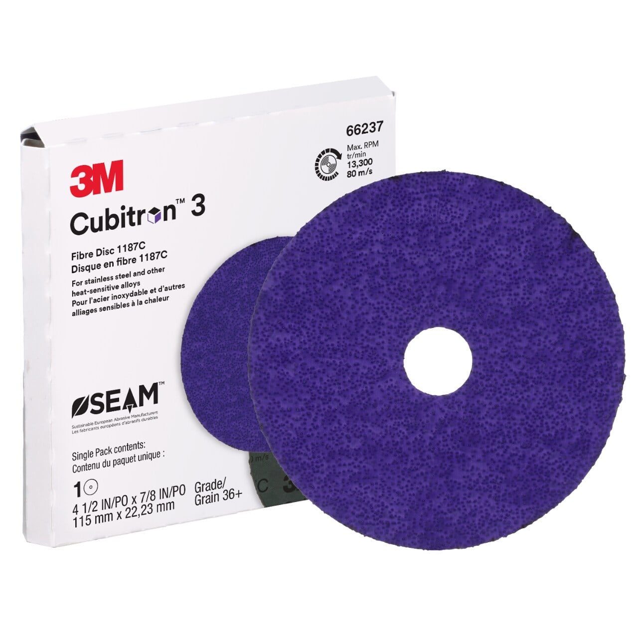 7100320866 - 3M Cubitron 3 Fibre Disc 1187C, 36+, 4-1/2 in x 7/8 in, Die 450E, 10 ea/Case, Single Pack