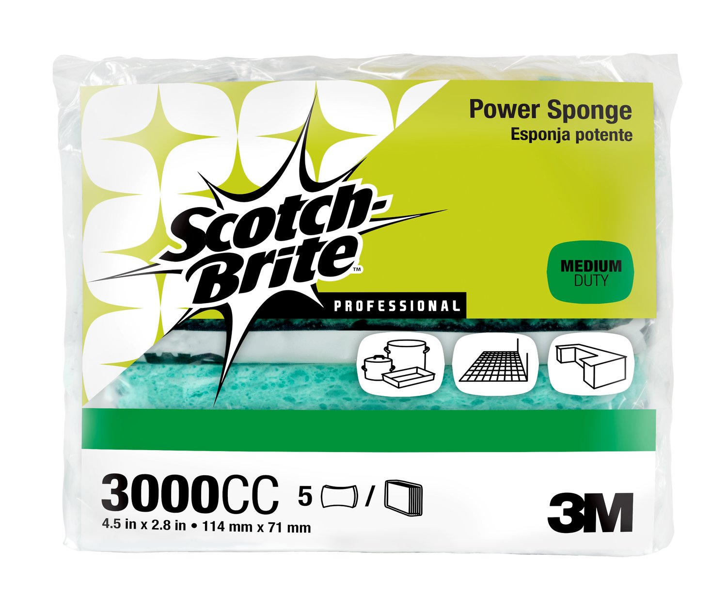 7010028986 - Scotch-Brite Power Sponge 3000CC, 2.8 in x 4.5 in x 0.6 in, 5/Pack, 12 Pack/Case