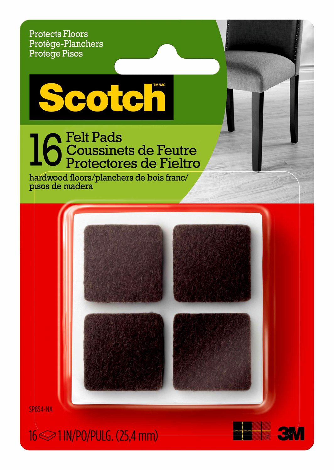 7100142707 - Scotch Felt Pads Square, SP854-NA, 1 inch, Brown