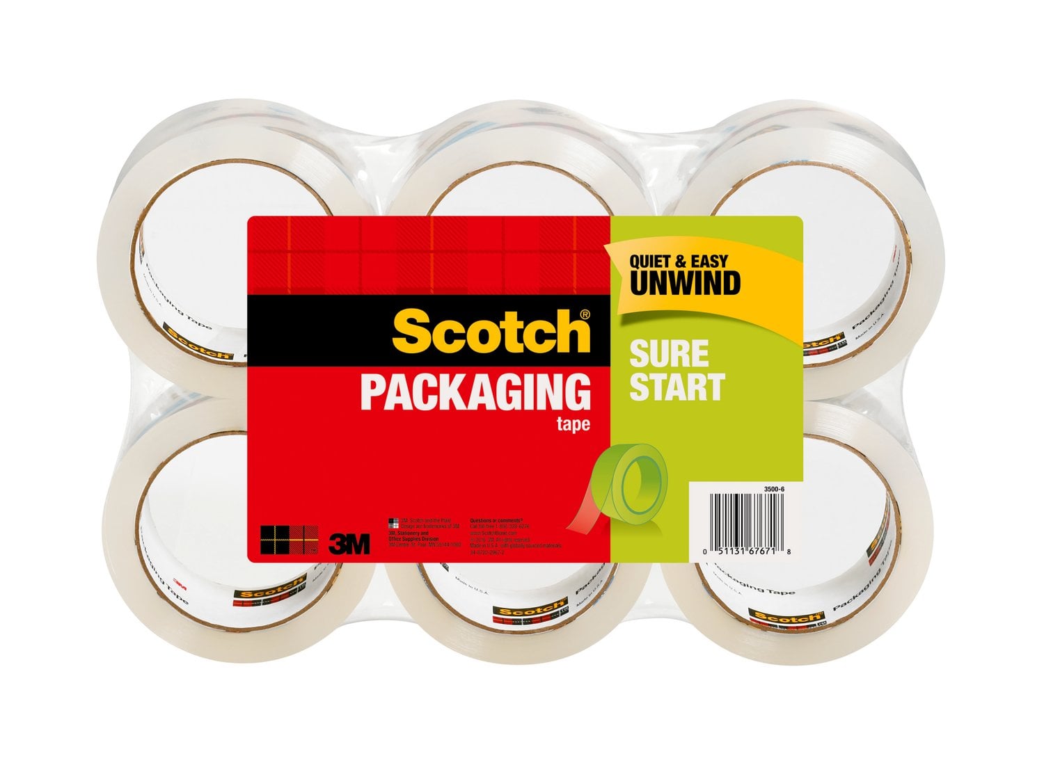 7010369640 - Scotch Sure Start Packaging Tape, 3500-6 1.88 in x 54.6 yds (48 mm x 50 m)