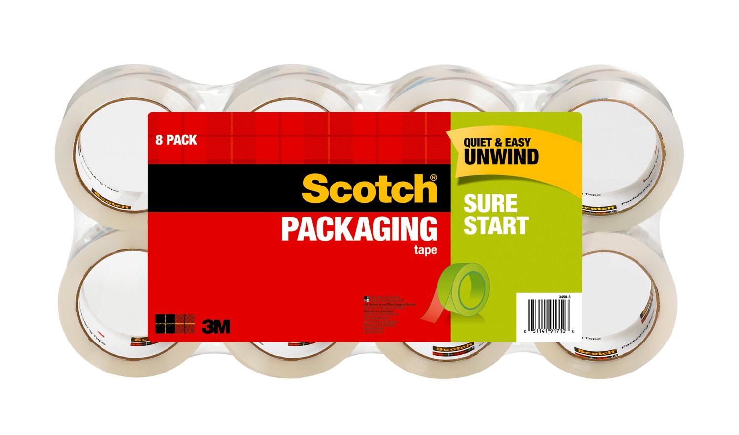 7010332415 - Scotch Sure Start Shipping Packaging Tape 3450-8, 1.88 in x 54.6 yd (48 mm x 50 m) 8 pk