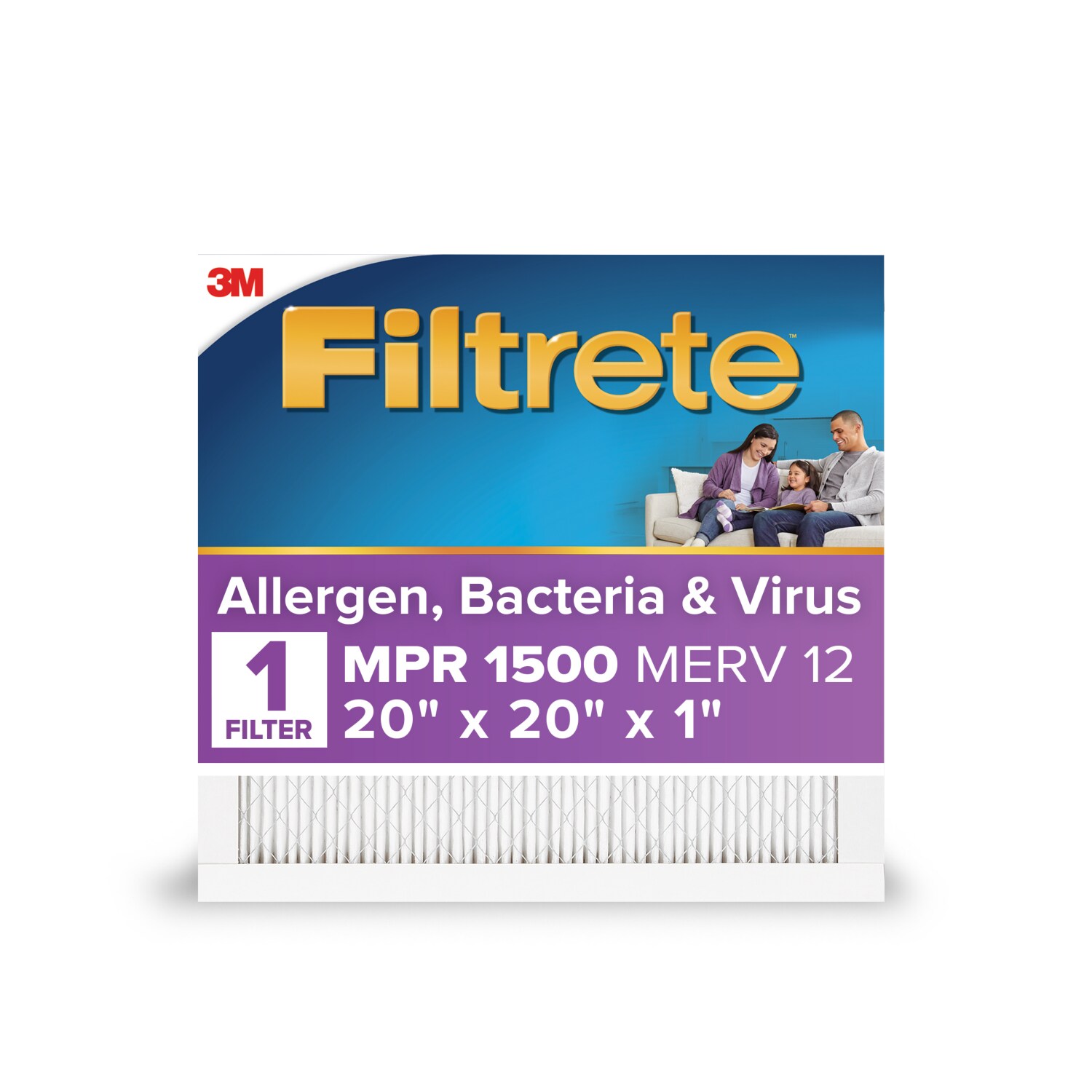 7100203214 - Filtrete Allergens, Bacteria & Viruses Air Filter 1500 MPR 2002-4-HR, 20 in x 20 in x 1 in (50.8 cm x 50.8 cm x 2.5 cm)