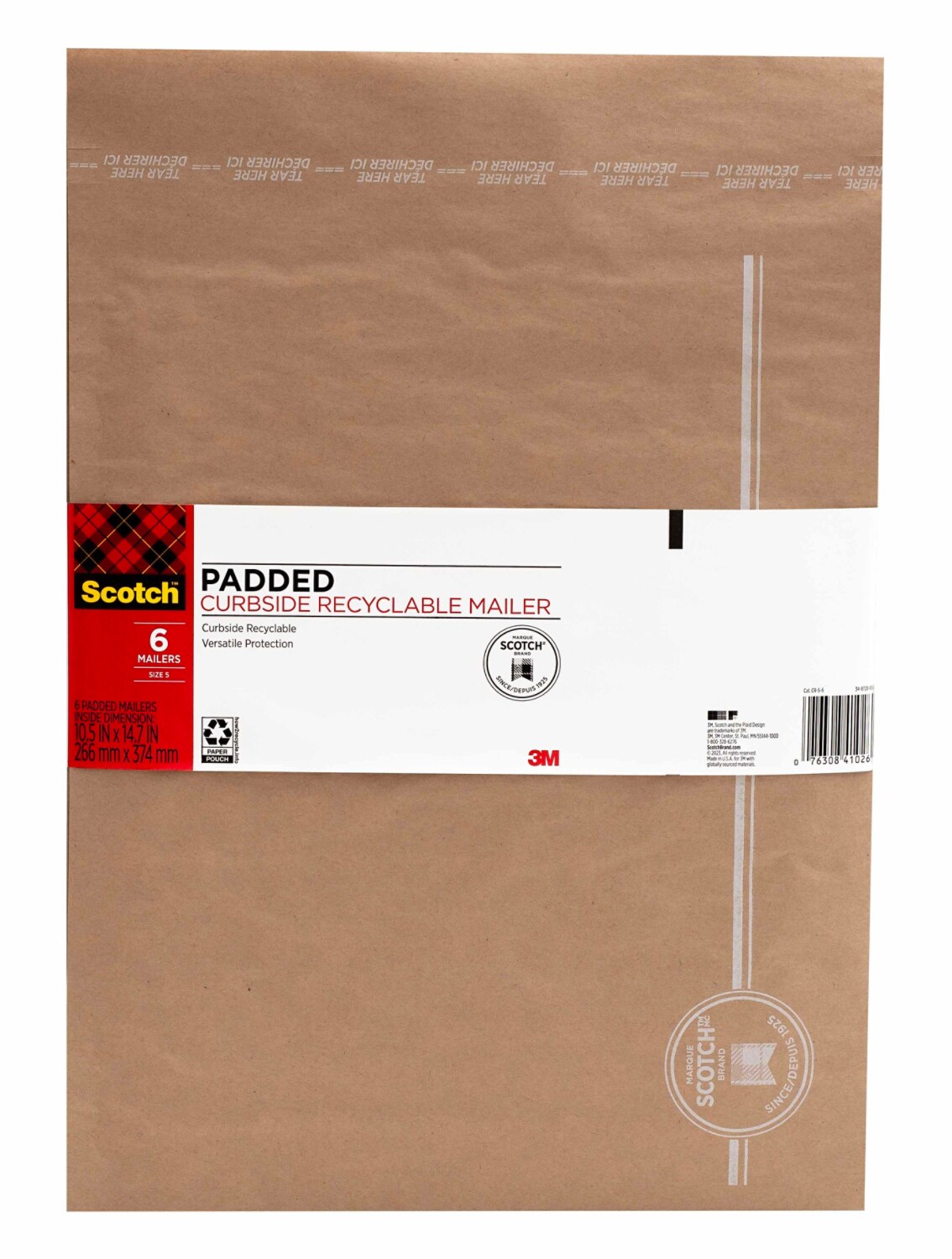 7100282864 - Scotch Curbside Recyclable Padded Mailer CR-5-6, 10.5 in x 14.7 (26.6 cm x 37.4 cm) 6 pack Size 5