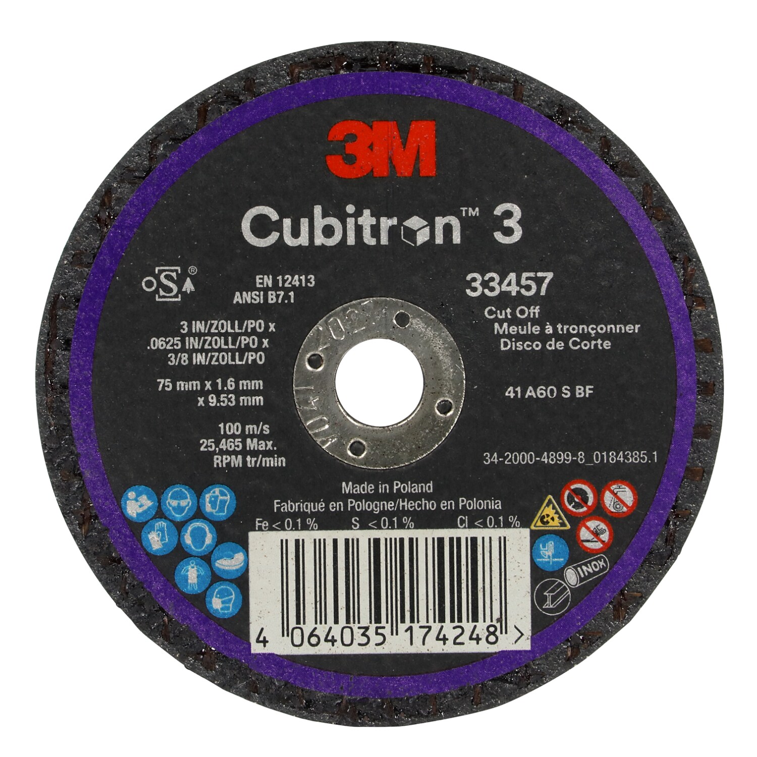 7100333831 - 3M Cubitron 3 Cut-Off Wheel 33457, 75 mm x 1.6 mm x 9.53 mm (3 in x .0625 in x 3/8 in), 5 Each/Pack, 6 Packs/Case