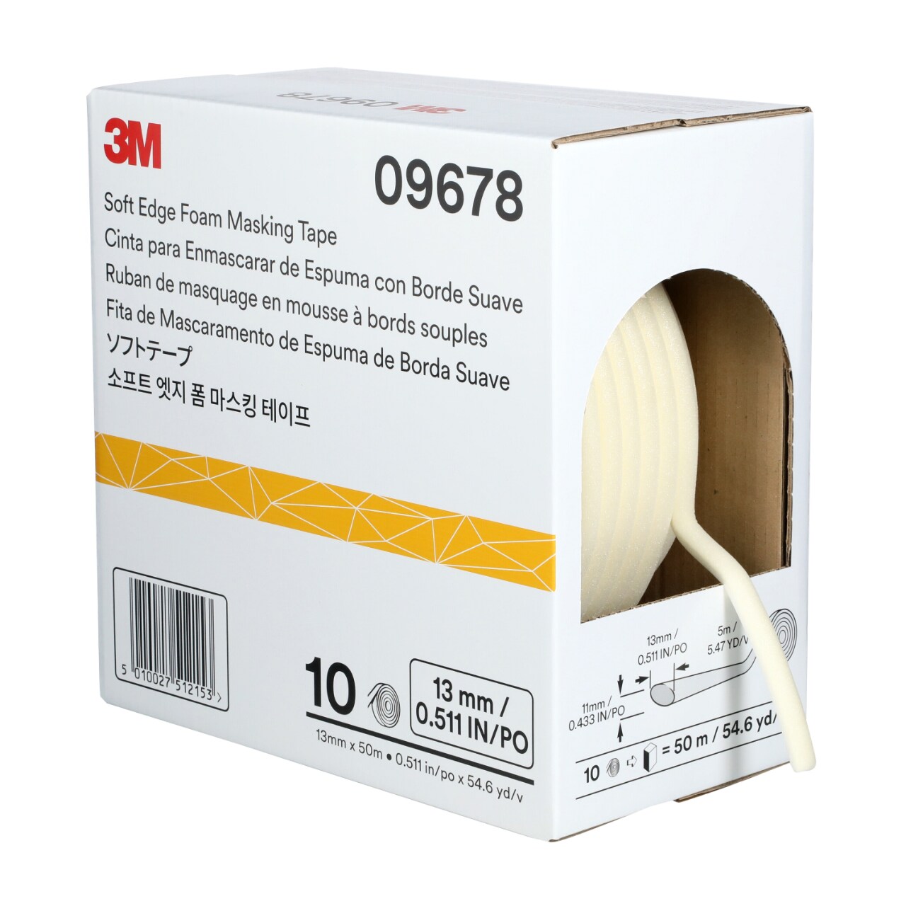 7000034663 - 3M Soft Edge Foam Masking Tape, 09678, 1/2 in x 165 ft (13 mm x 50 m), 1 roll per box