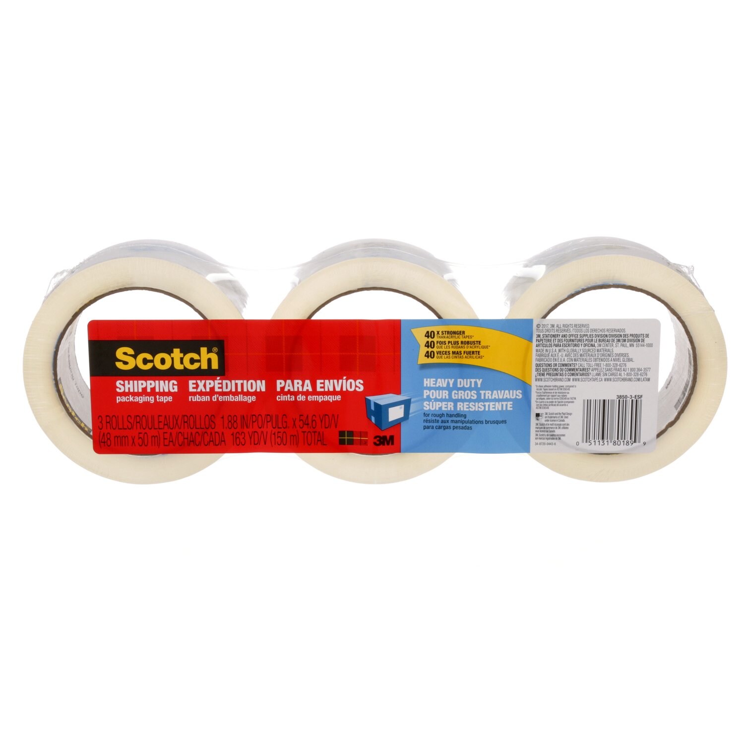 7100159401 - Scotch Heavy Duty Shipping Packaging Tape 3850-3-ESF, 1.88 in. x 54.6
yd. (48 mm x 50 m)