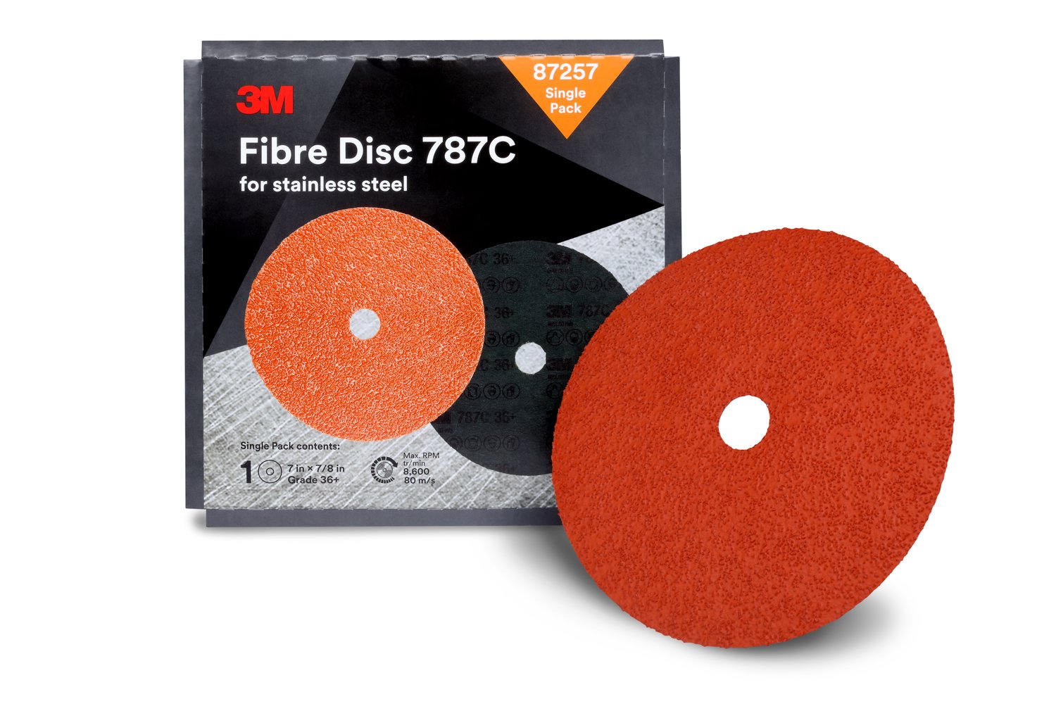 7100109878 - 3M Fibre Disc 787C, 87257, 7 in x 7/8 in, 36+, Trial Pack, 10 ea/Case