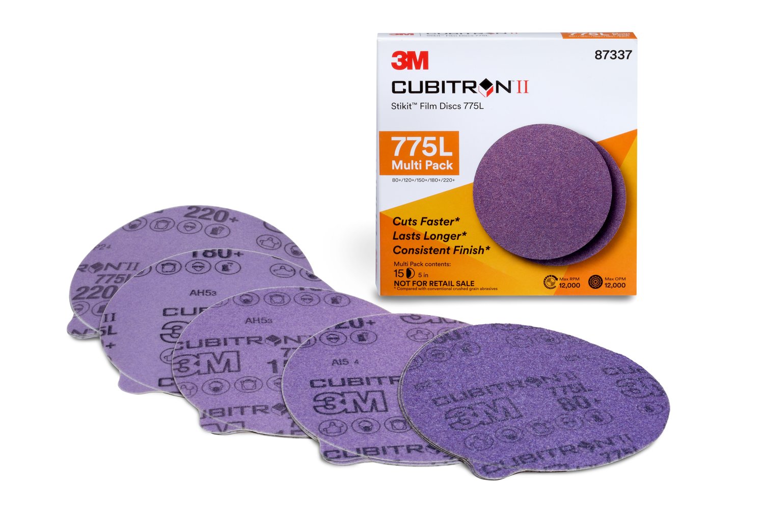 7010363665 - 3M Cubitron II Stikit Film Disc 775L, 87337, Multi-Grade 80+ - 200+ 3MIL, 5 in x NH, 20 Packs/Case, Multi-pack