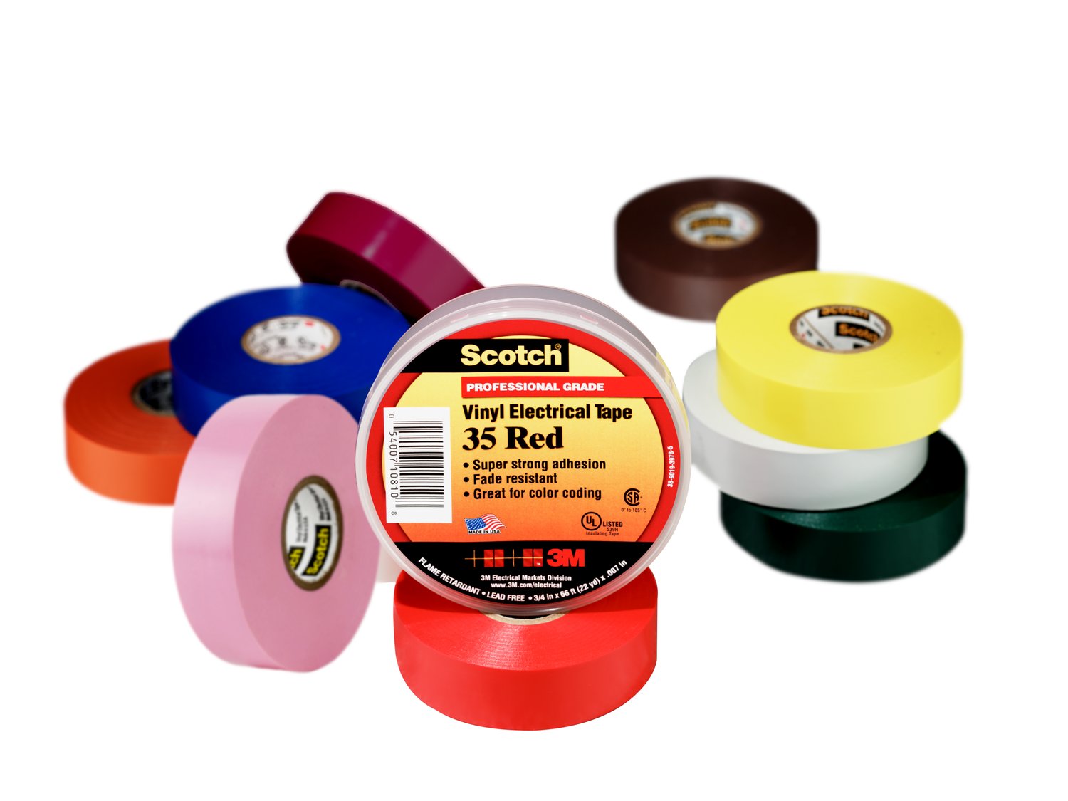 7010297490 - Scotch Vinyl Color Coding Electrical Tape 35, 1/2 in x 20 ft,
Multi-color, 8 rolls/pack, 50 packs/Case