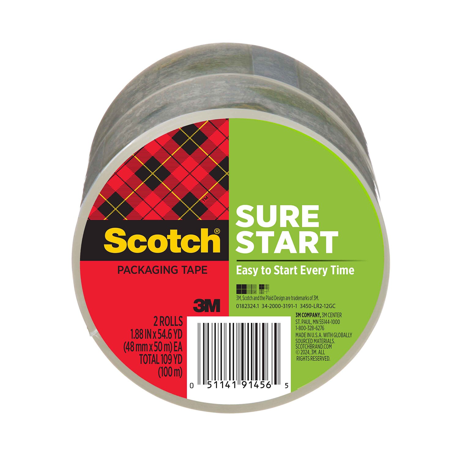 7100326713 - Scotch Packaging Tape 3450-LR2-12GC, 1.88 in x 54.6 yd (48 mm x 50 m), 2 Pack