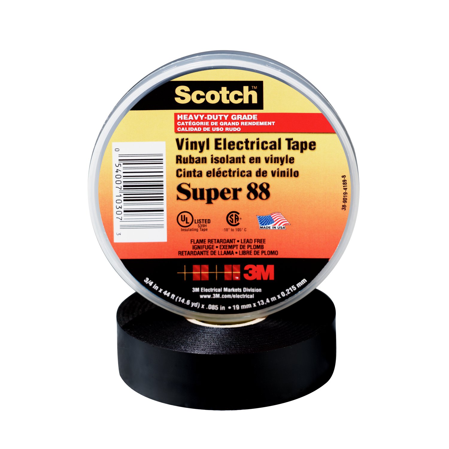7000031579 - Scotch Vinyl Electrical Tape Super 88, 3/4 in x 44 ft, Black, 10 rolls/carton, 100 rolls/Case