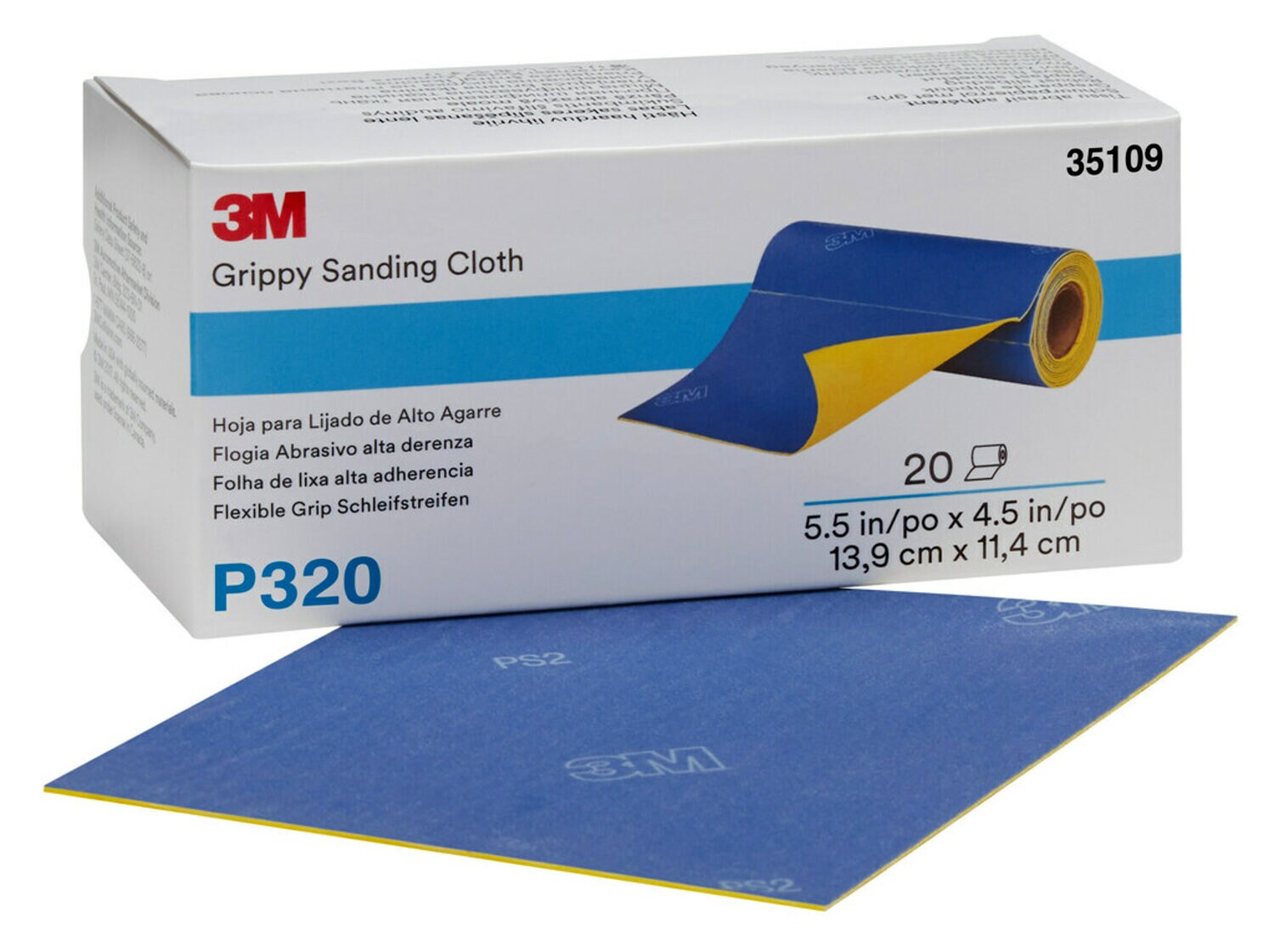 7100142931 - 3M Grippy Sanding Cloth 35109, P320 Grade, 5.5 in x 4.5 in, 20
Sheets/Roll, 4 Rolls/Case