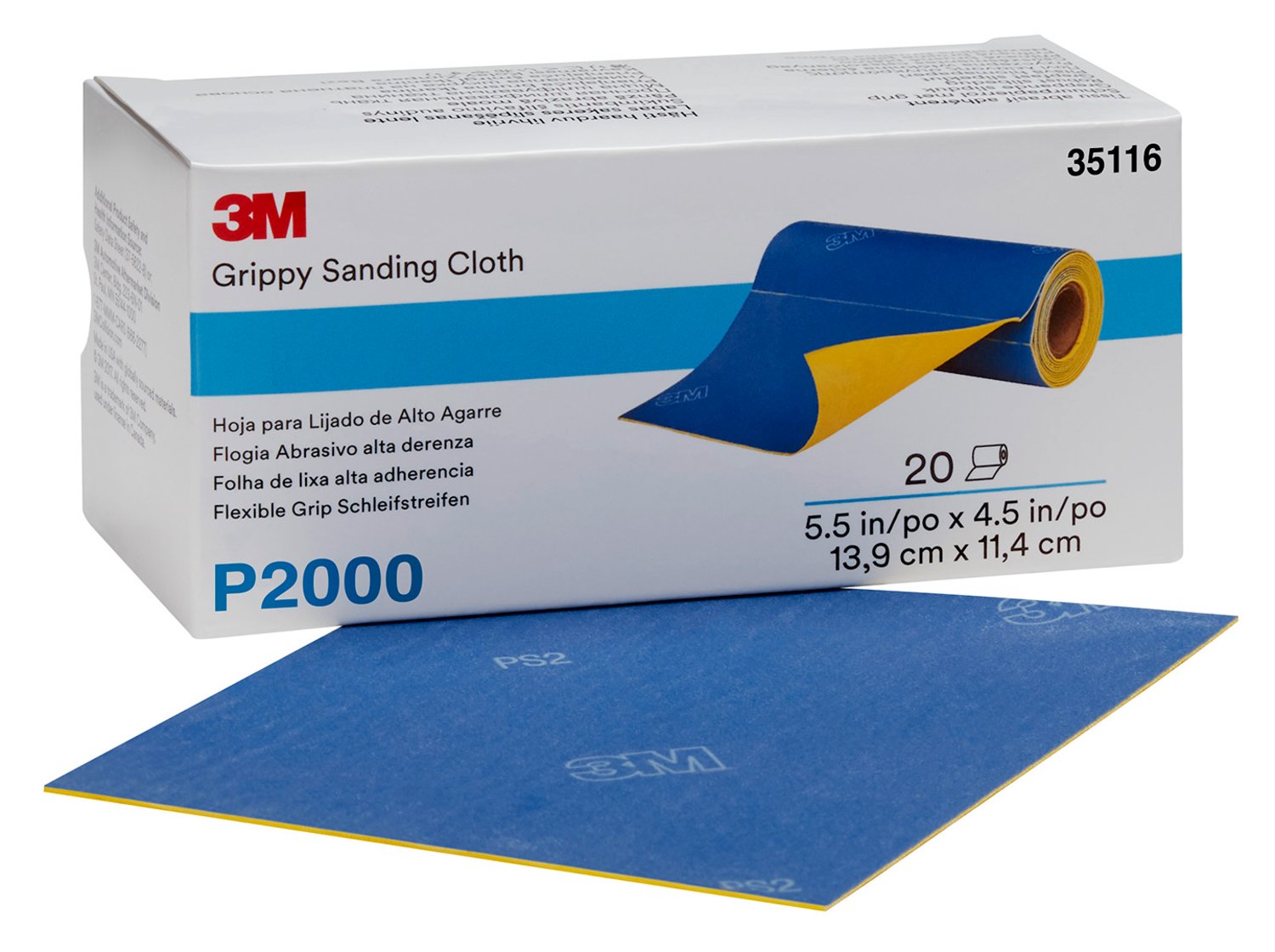 7100142883 - 3M Grippy Sanding Cloth 35116, P2000 Grade, 5.5 in x 4.5 in, 20 Sheets/Roll, 4 Rolls/Case