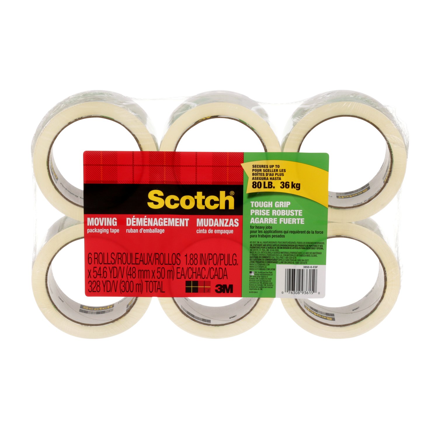 7100138875 - Scotch Tough Grip Moving Packaging Tape, 3500-6-ESF, 1.88 in x 54.6 yd (48 mm x 50 m), 6 Rolls/pack, 6 packs/case