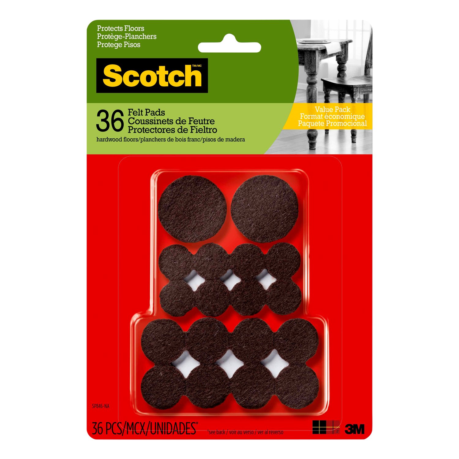 7100112863 - Scotch Felt Pads Value Pack, SP846-NA, Brown, 36 Pack