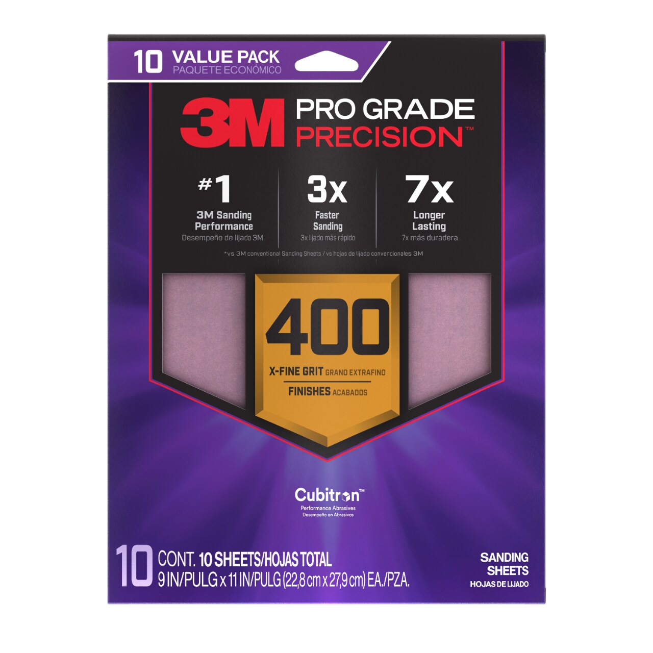 7100328506 - 3M Pro Grade Precision Faster Sanding Sheets w/ NO-SLIP GRIP Backing SHR400-PGP-10T, 9 in x 11 in, 400 Gr, 10 Sht/Pk