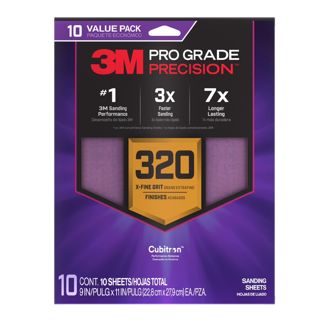 7100327051 - 3M Pro Grade Precision Faster Sanding Sheets w/ NO-SLIP GRIP Backing SHR320-PGP-10T, 9 in x 11 in, 320 Gr, 10 Sht/Pk