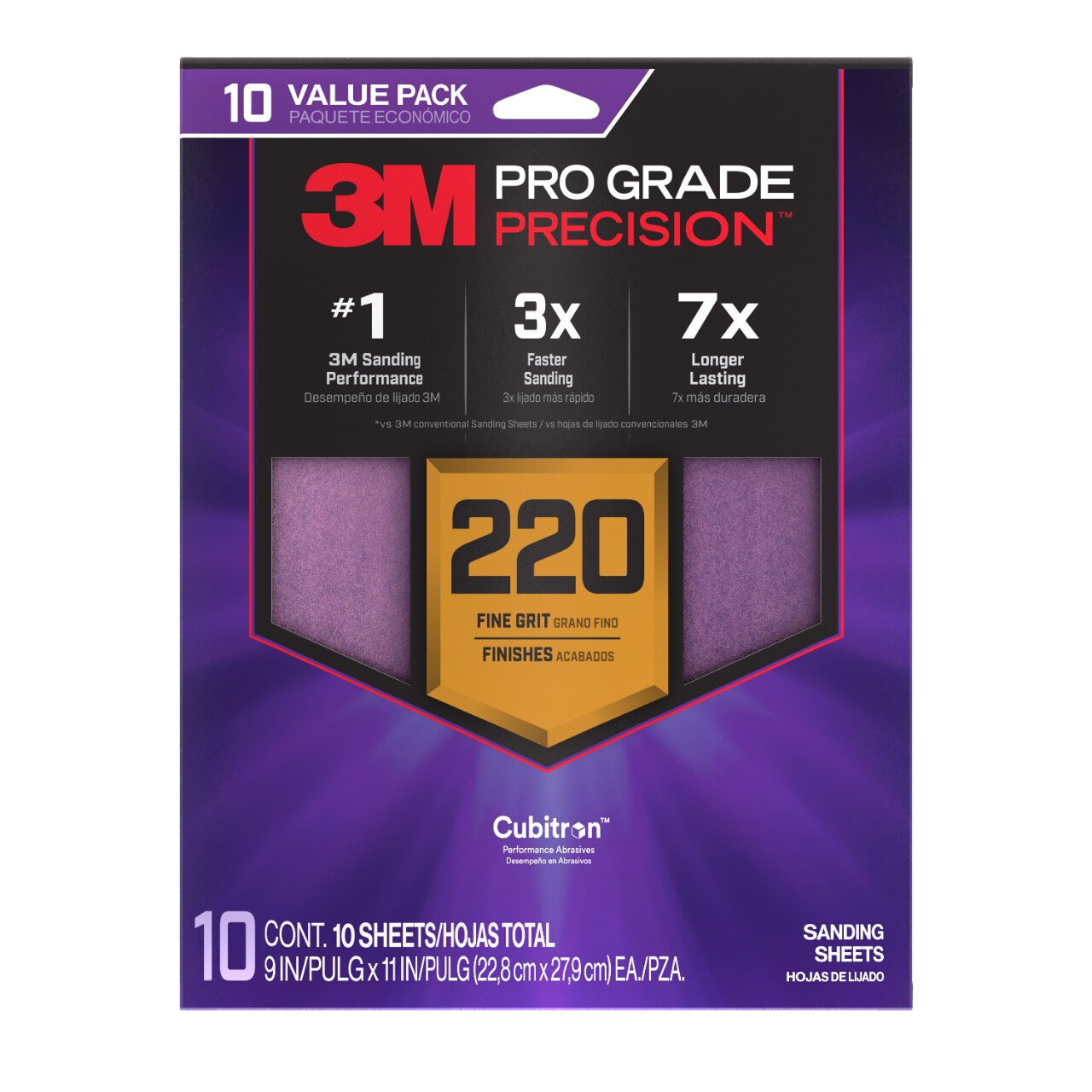 7100328398 - 3M Pro Grade Precision Faster Sanding Sheets w/ NO-SLIP GRIP Backing SHR220-PGP-10T, 9 in x 11 in, 220 Gr, 10 Sht/Pk
