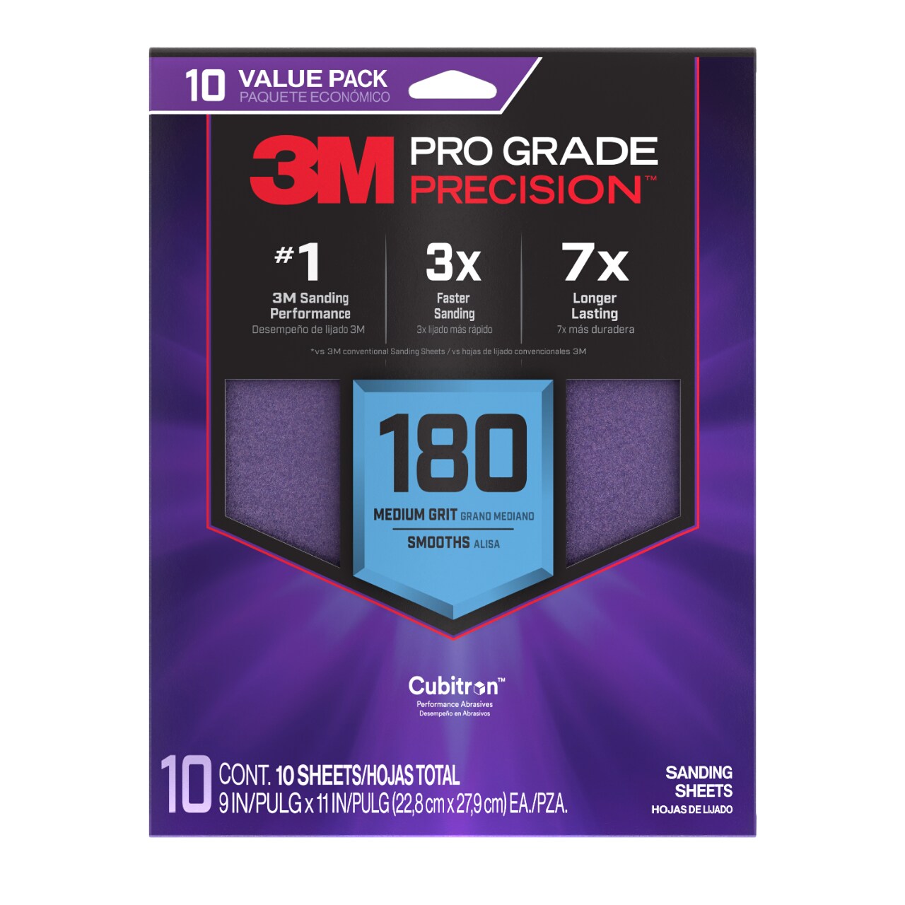 7100327522 - 3M Pro Grade Precision Faster Sanding Sheets w/ NO-SLIP GRIP Backing SHR180-PGP-10T, 9 in x 11 in, 180 Gr, 10 Sht/Pk