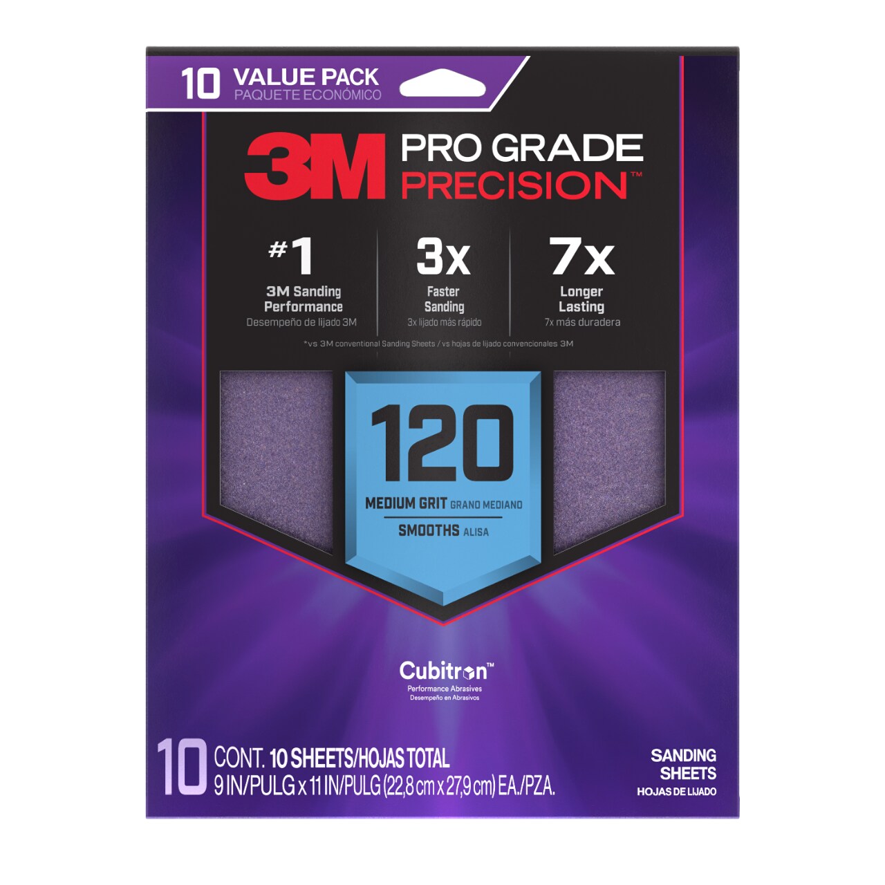7100328469 - 3M Pro Grade Precision Faster Sanding Sheets w/ NO-SLIP GRIP Backing SHR120-PGP-10T, 9 in x 11 in, 120 Gr, 10 Sht/Pk