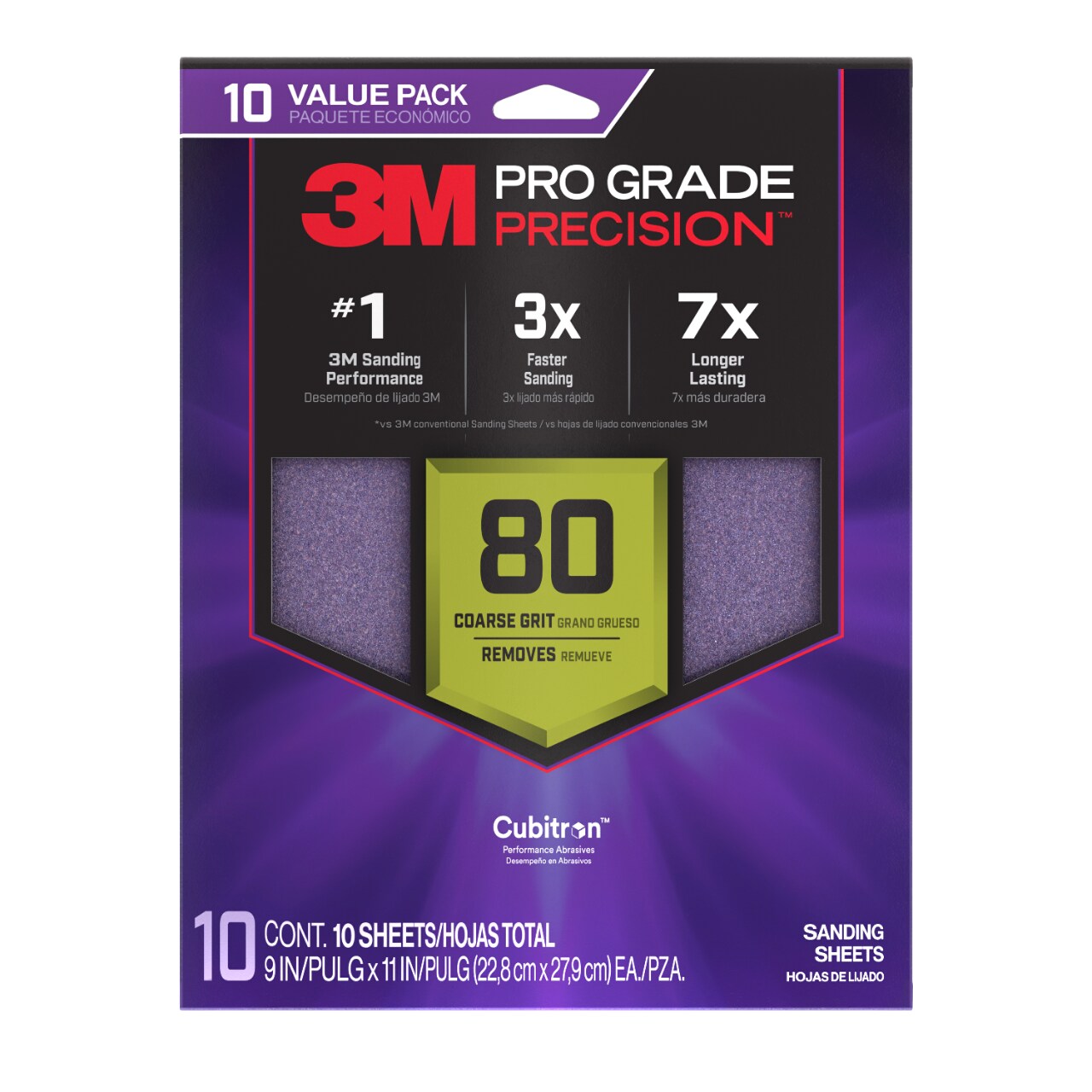 7100328523 - 3M Pro Grade Precision Faster Sanding Sheets w/ NO-SLIP GRIP Backing SHR80-PGP-10T, 9 in x 11 in, 80 Gr, 10 Sht/Pk