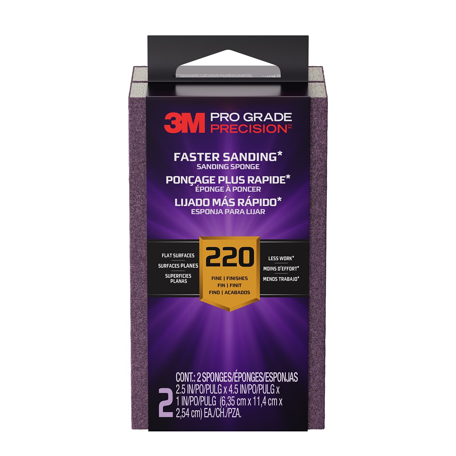 7100330955 - 3M Pro Grade Precision Faster Sanding Sanding Block Sponge FSB220-PGP-2T, 2.5 in x 4.5 in x 1 in, 220 grit, 2 each/pack