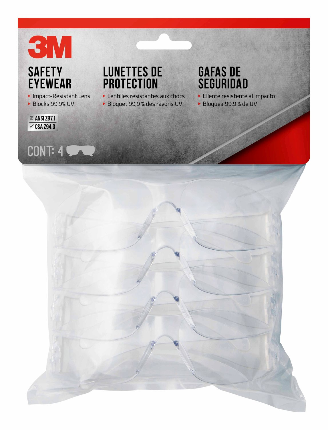 7010336942 - 3M Indoor Safety Eyewear with Clear Lens, Contractor Pack, 90834-00000B, 4/pack, 10 packs/case