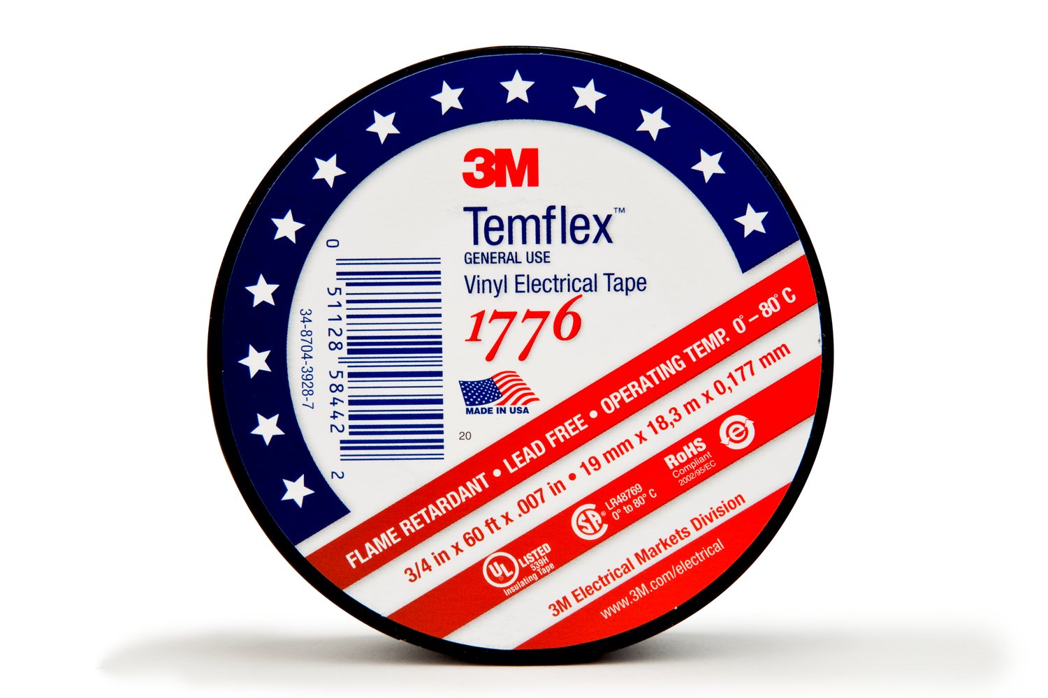7010398066 - 3M Temflex Vinyl Electrical Tape 1776, 3/4 in x ?60 ft, 1-1/2 in Core,
Black, 1 roll/carton, 100 rolls/Case
