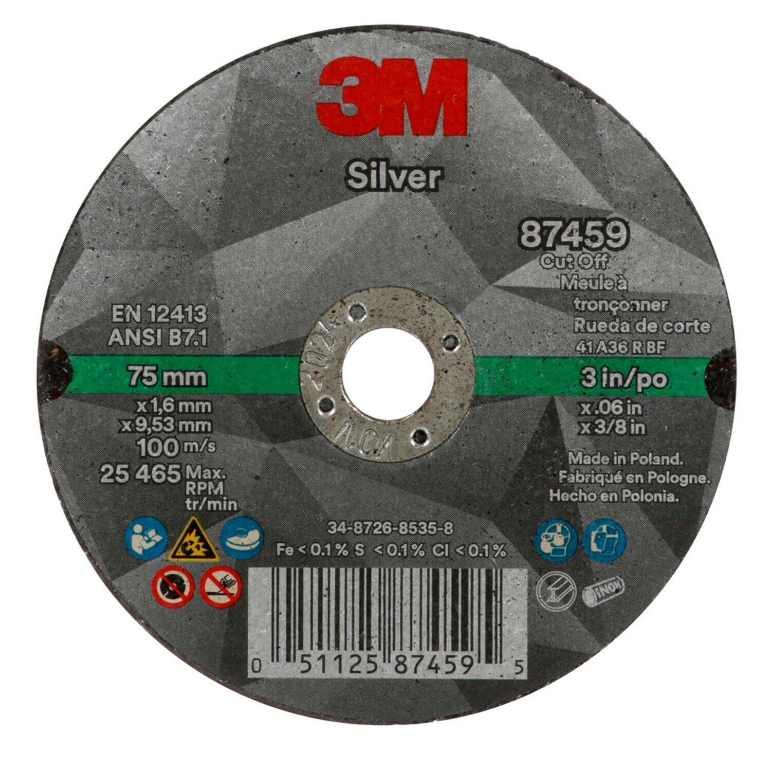 7100139210 - 3M Silver Cut-Off Wheel, 87459, 36+, T1, 3 in x 0.06 in x 3/8 in, 50 ea/Case
