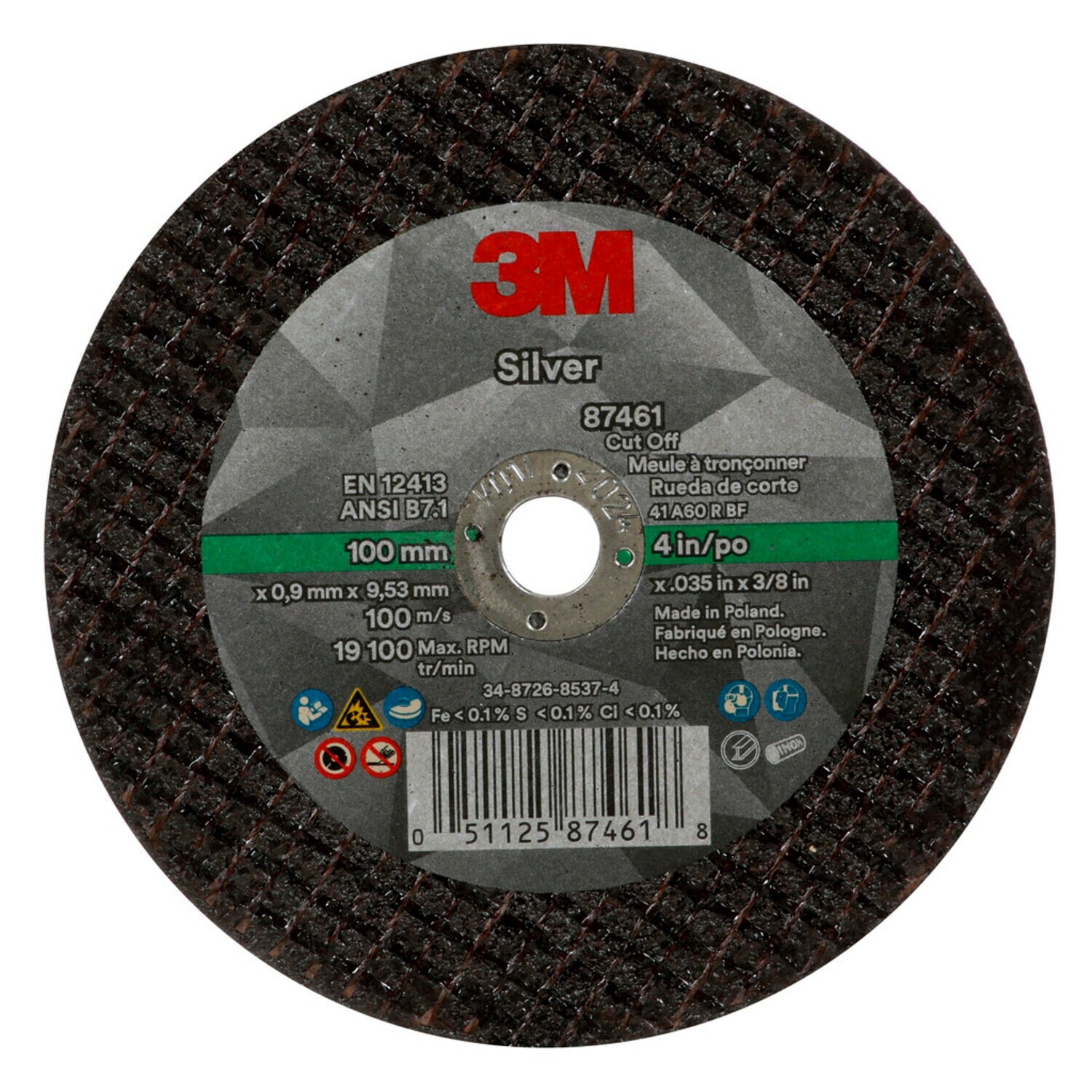 7100139214 - 3M Silver Cut-Off Wheel, 87461, 60+, T1, 4 in x 0.035 in x 3/8 in, 50 ea/Case