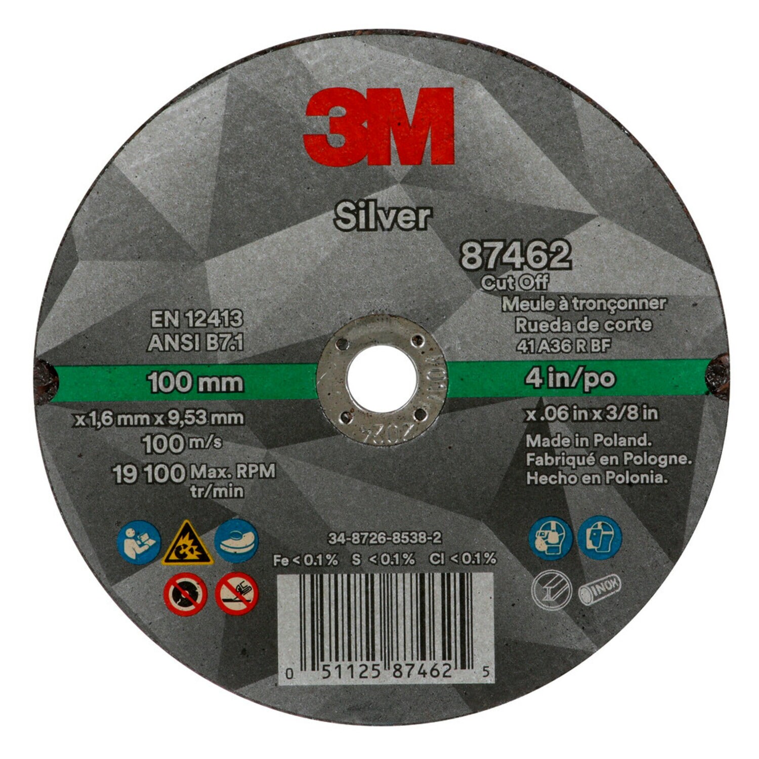 7100139215 - 3M Silver Cut-Off Wheel, 87462, 36+, T1, 4 in x 0.06 in x 3/8 in, 50 ea/Case