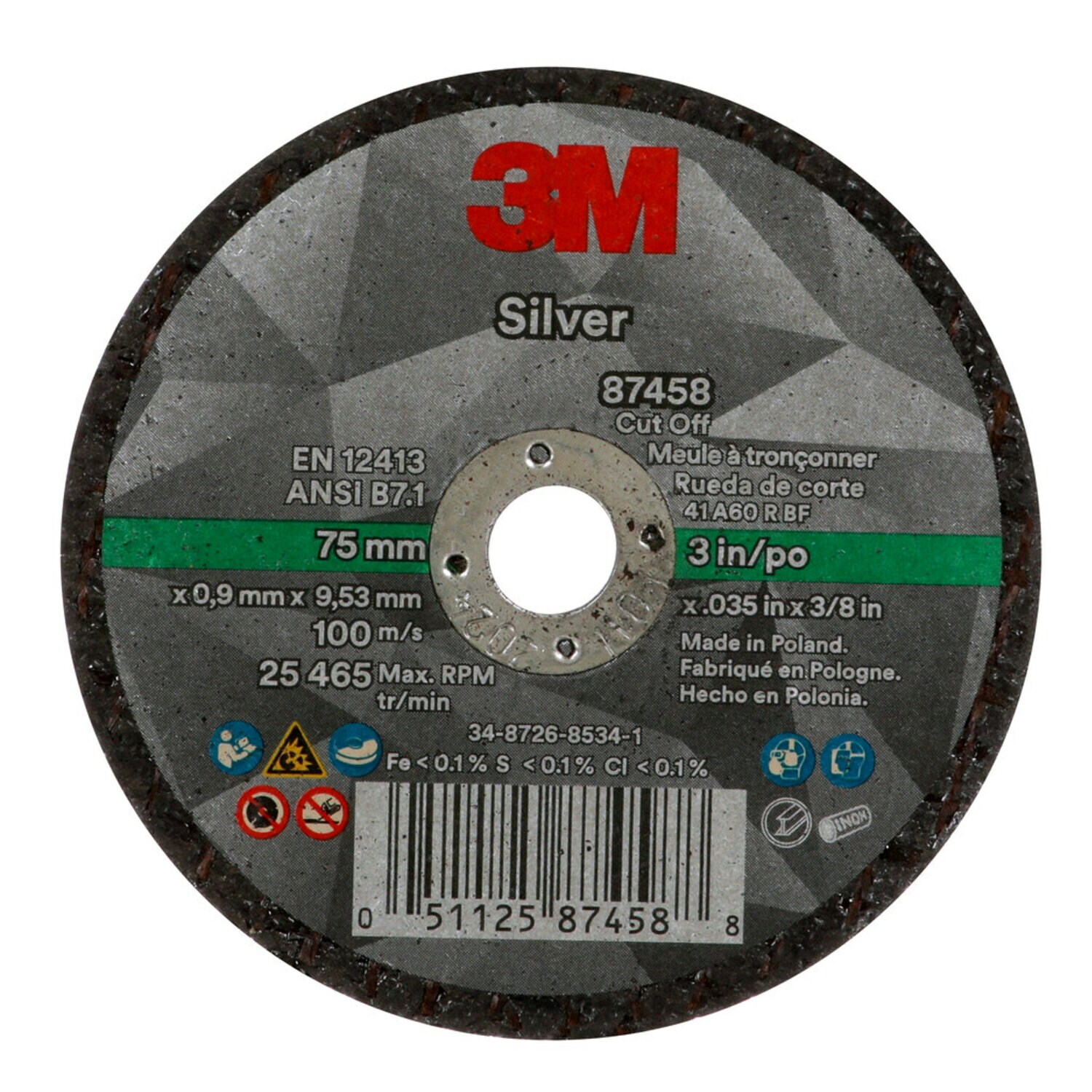 7100139208 - 3M Silver Cut-Off Wheel, 87458, 60+, T1, 3 in x 0.035 in x 3/8 in, 50 ea/Case