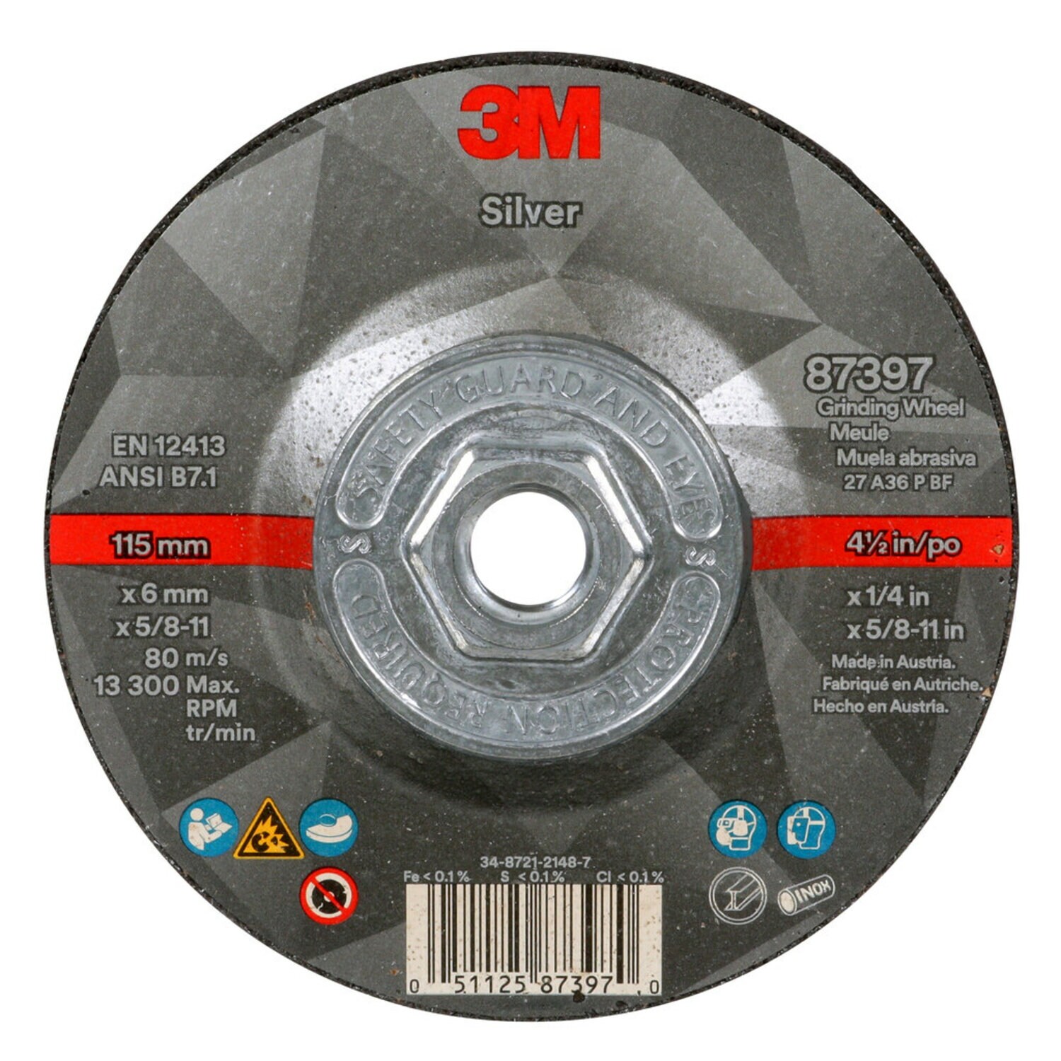 7100245024 - 3M Silver Depressed Center Grinding Wheel, 87397, T27 Quick Change, 4.5
in x 1/4 in x 5/8 in-11 in, 10/Carton, 20 ea/Case