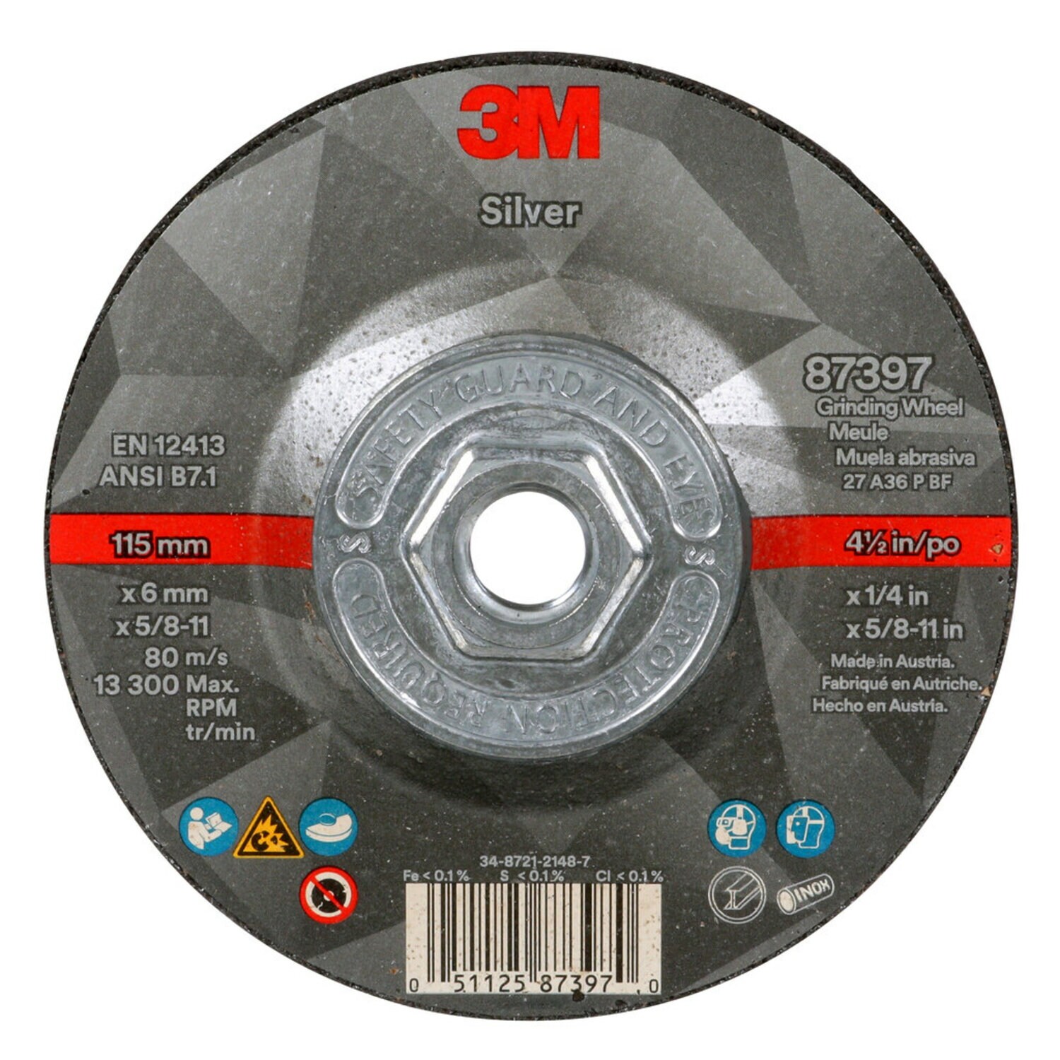7100245024 - 3M Silver Depressed Center Grinding Wheel, 87397, 36+, T27 Quick Change, 4.5 in x 1/4 in x 5/8 in-11, 10/Carton, 20 ea/Case