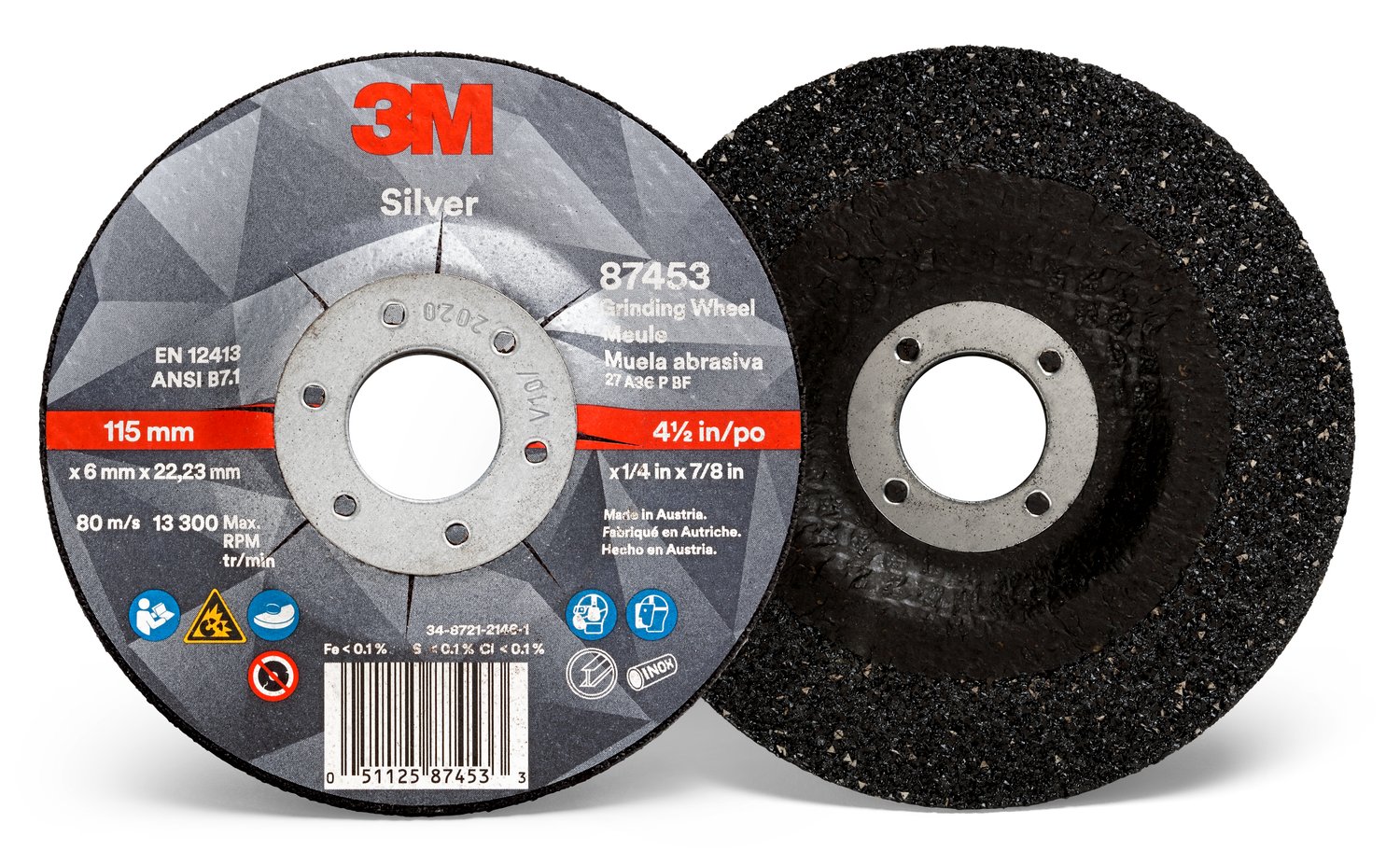 7100141079 - 3M Silver Depressed Center Grinding Wheel, 87453, 36+, T27, 4.5 in x 1/4 in x 7/8 in, 10/Carton, 20 ea/Case