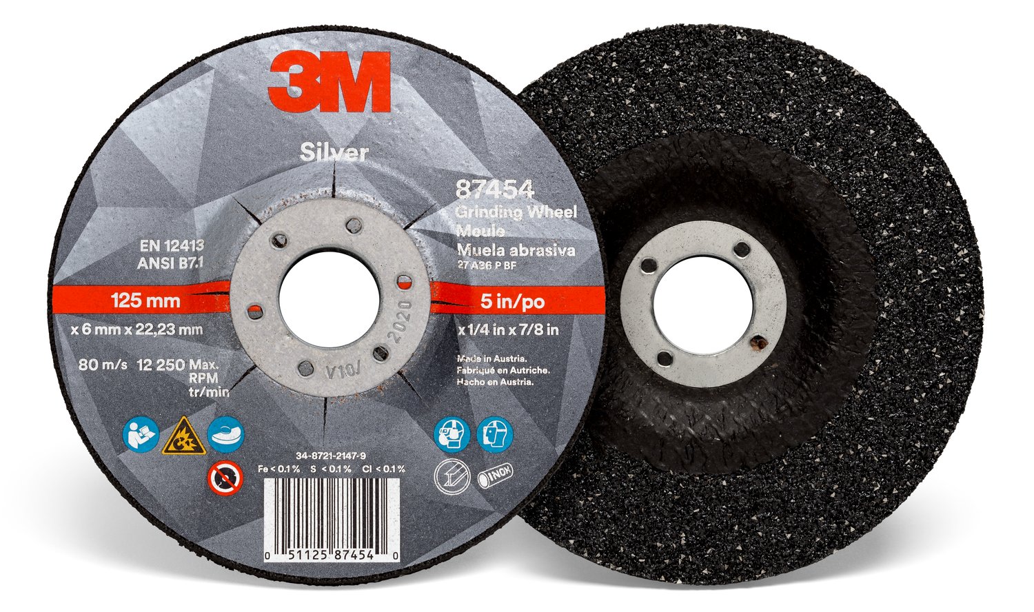 7100141078 - 3M Silver Depressed Center Grinding Wheel, 87454, 36+, T27, 5 in x 1/4 in x 7/8 in, 10/Carton, 20 ea/Case