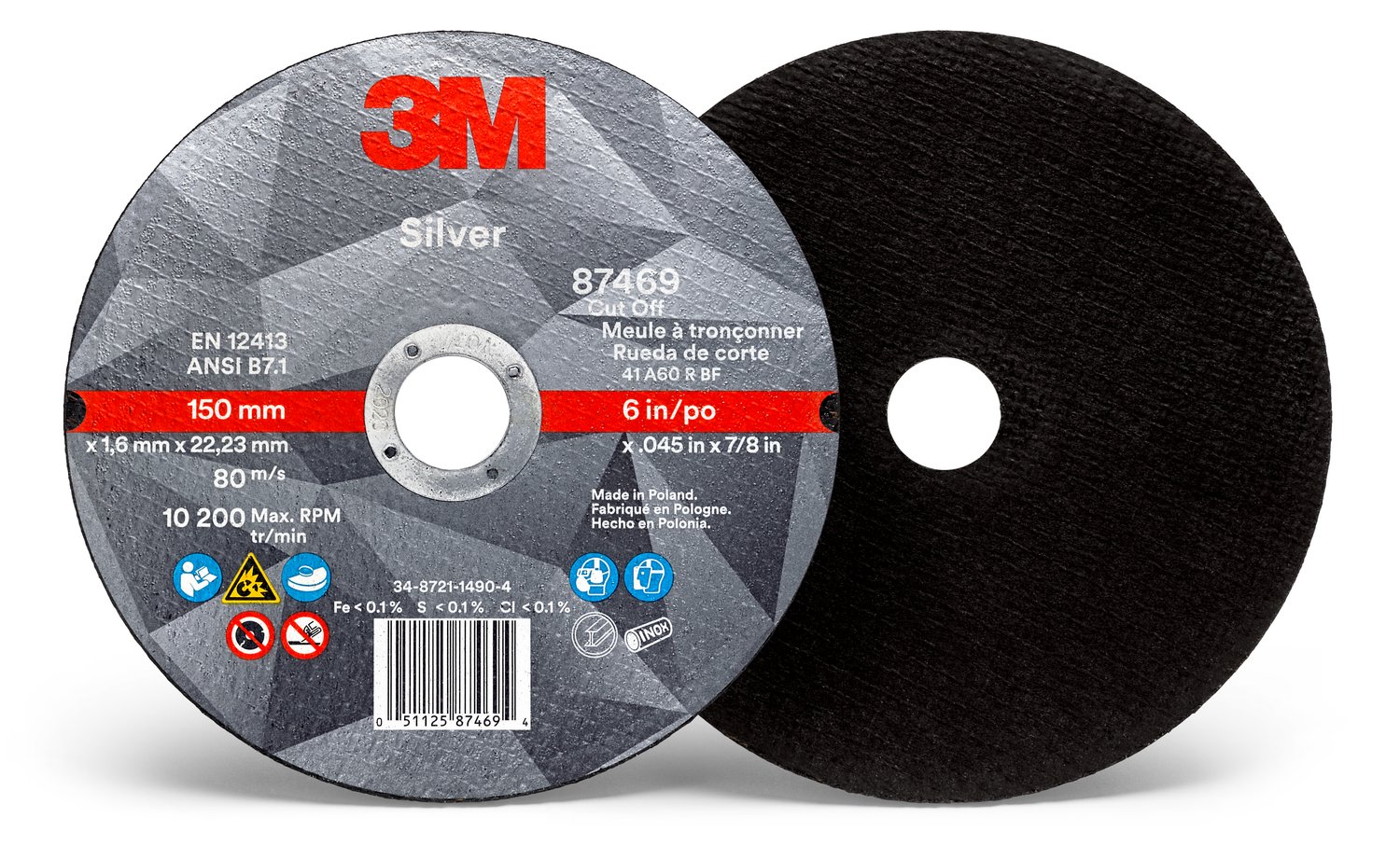 7100398660 - 3M Silver Cut-Off Wheel, 87469, 36+, T1, 6 in x 0.045 in x 7/8 in, 25/Carton, 50 ea/Case