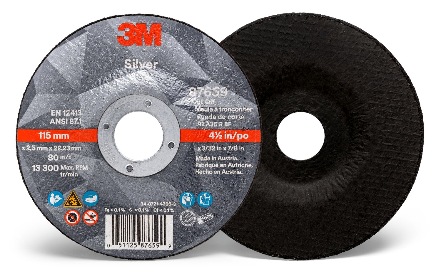 7100141055 - 3M Silver Cut-Off Wheel, 87659, 36+, T27, 4.5 in x 3/32 in x 7/8 in, 50 ea/Case