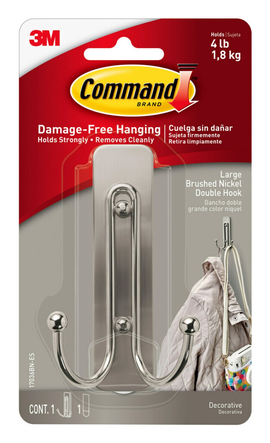 7100339637 - Command Large Brushed Nickel Double Hook, 17036BN-ES, 1 Hook, 1 Strip