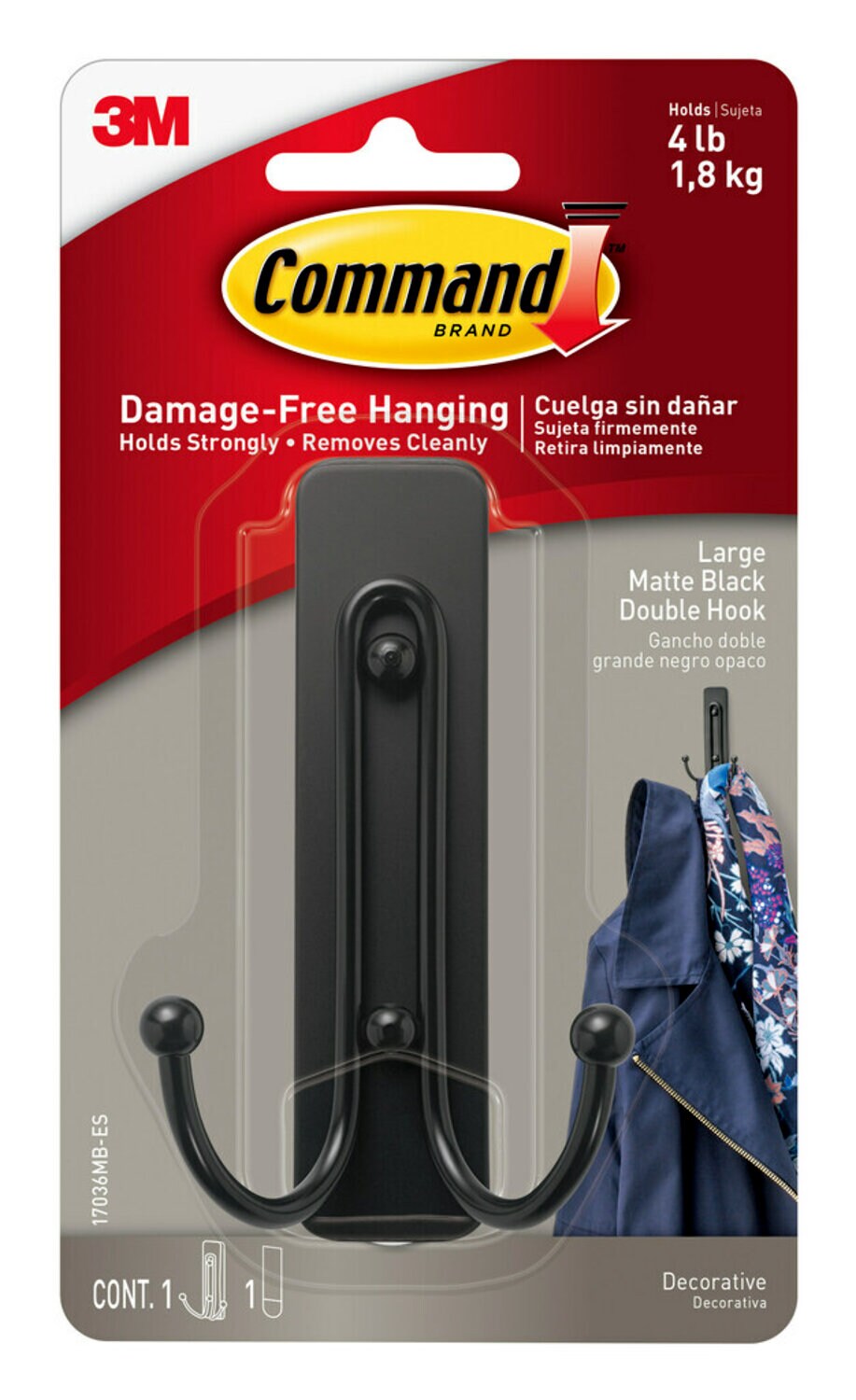 7100347853 - Command Large Matte Black Double Hook 17036MB-ES, 1 Hook, 1 Strip