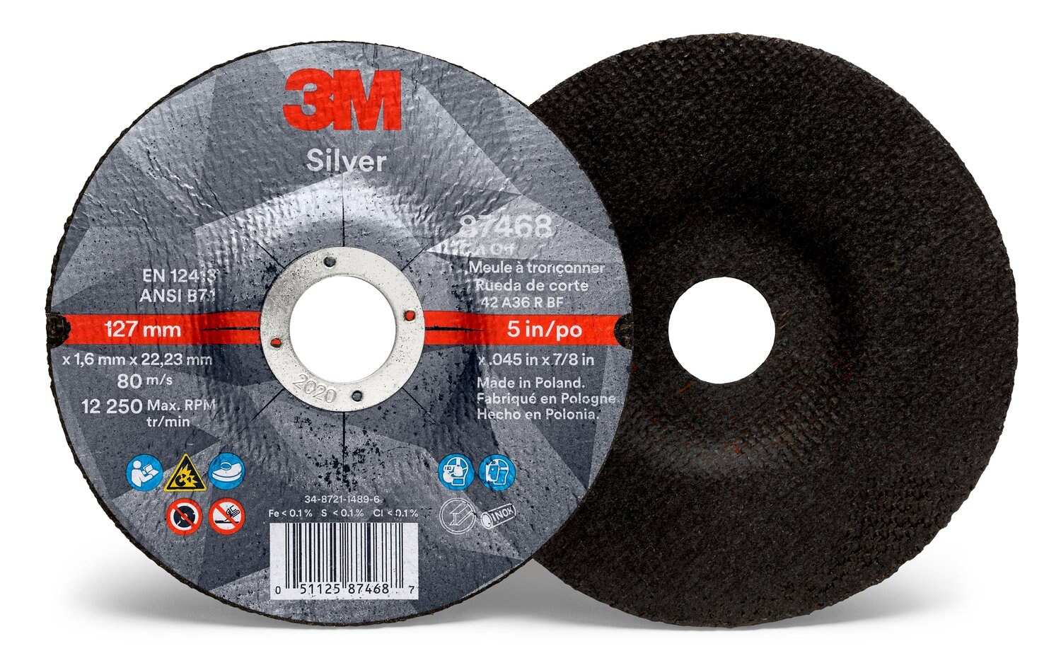 7100139237 - 3M Silver Cut-Off Wheel, 87468, 36+, T27, 5 in x 0.045 in x 7/8 in, 50 ea/Case