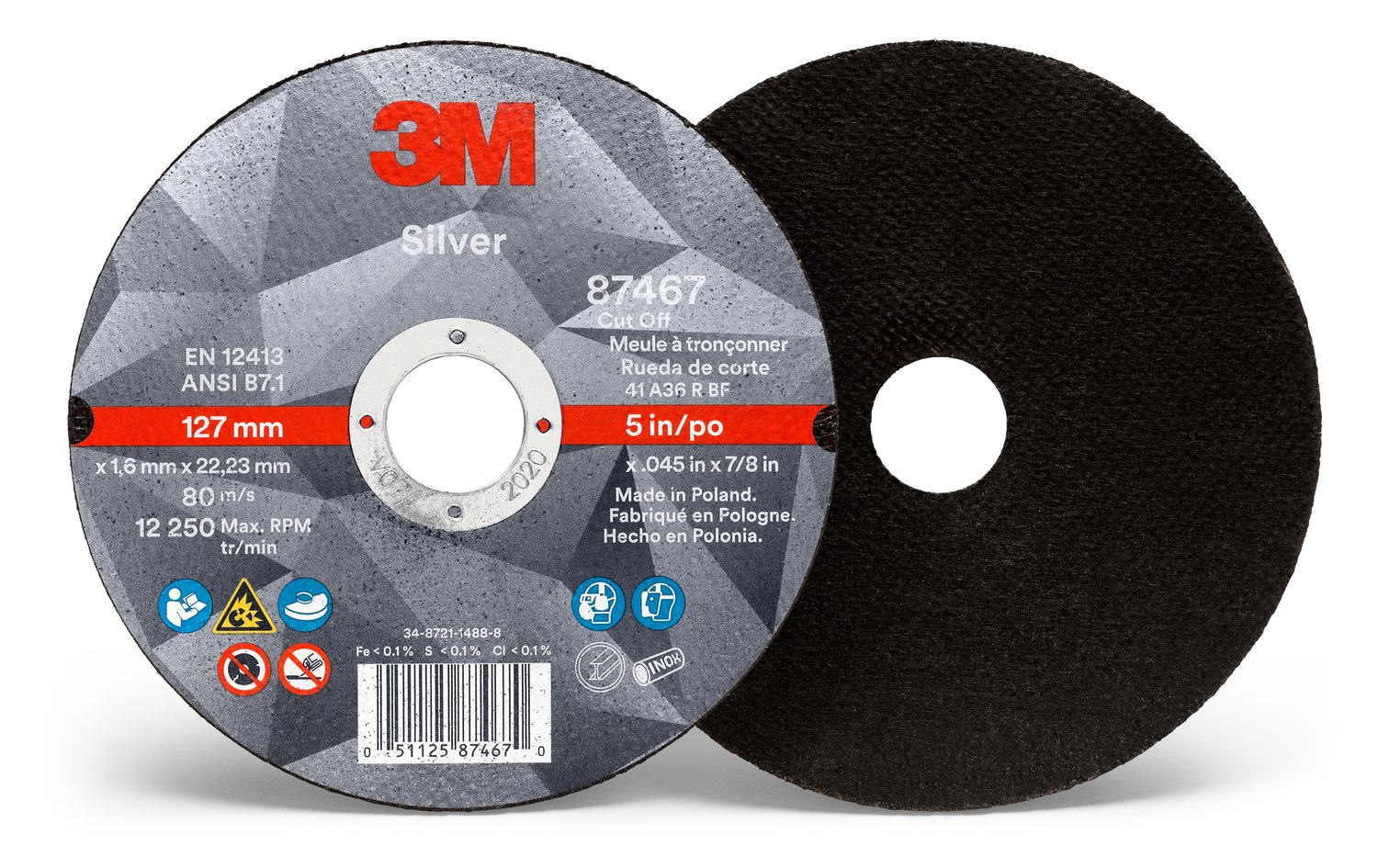 7100139236 - 3M Silver Cut-Off Wheel, 87467, 36+, T1, 5 in x 0.045 in x 7/8 in, 50 ea/Case