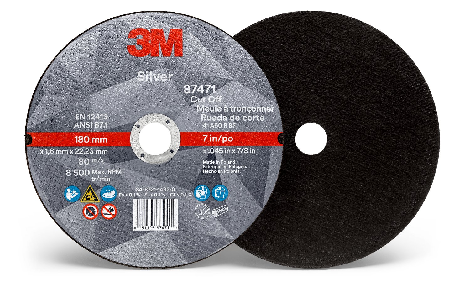 7010414998 - 3M Silver Cut-Off Wheel, 87471, 36+, T1, 7 in x 0.045 in x 7/8 in, 25/Carton, 50 ea/Case