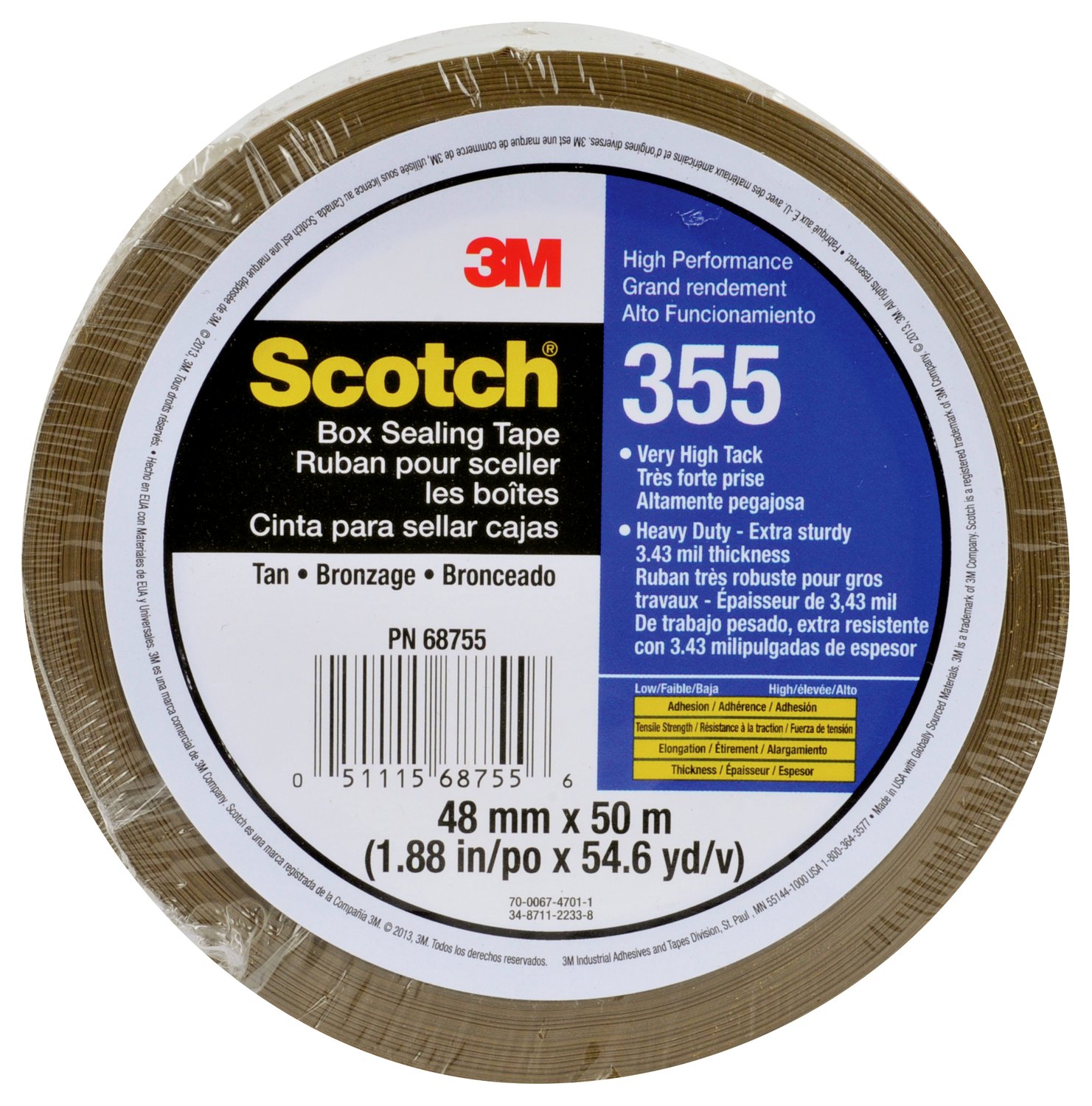 7010374957 - Scotch Box Sealing Tape 355, Tan, 48 mm x 50 m, 36/Case, Individually Wrapped Conveniently Packaged