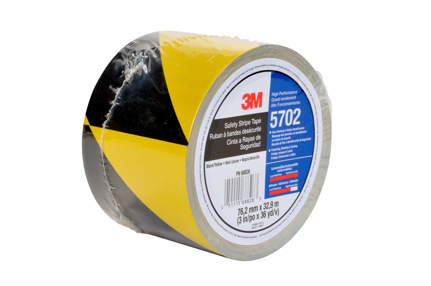 7010374979 - 3M Safety Stripe Vinyl Tape 5702, Black/Yellow, 3 in x 36 yd, 5.4 mil, 12 Roll/Case, Individually Wrapped Conveniently Packaged