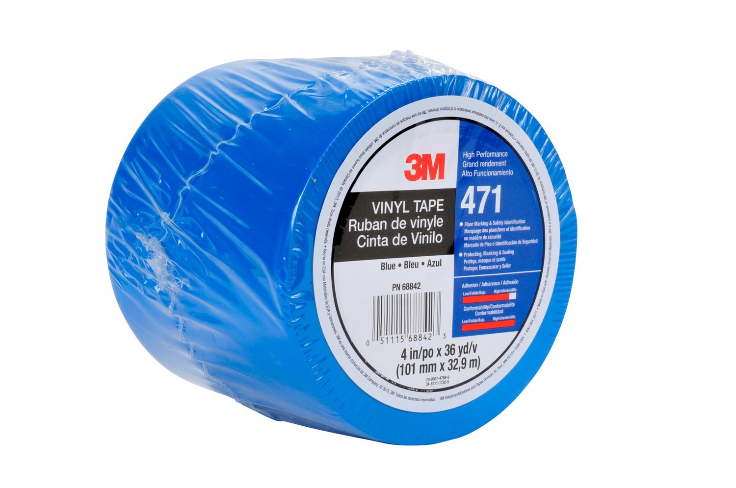 7010312448 - 3M Vinyl Tape 471, Blue, 4 in x 36 yd, 5.2 mil, 8 Roll/Case, Individually Wrapped Conveniently Packaged