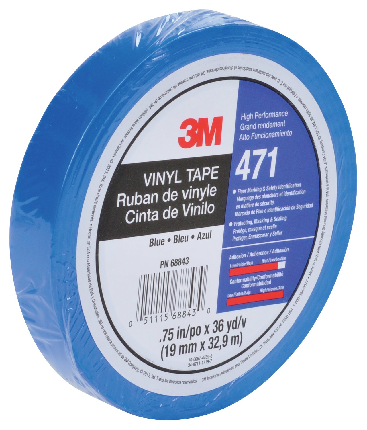 7100044170 - 3M Vinyl Tape 471, Blue, 1/2 in x 36 yd, 5.2 mil, 72 Roll/Case, Individually Wrapped Conveniently Packaged
