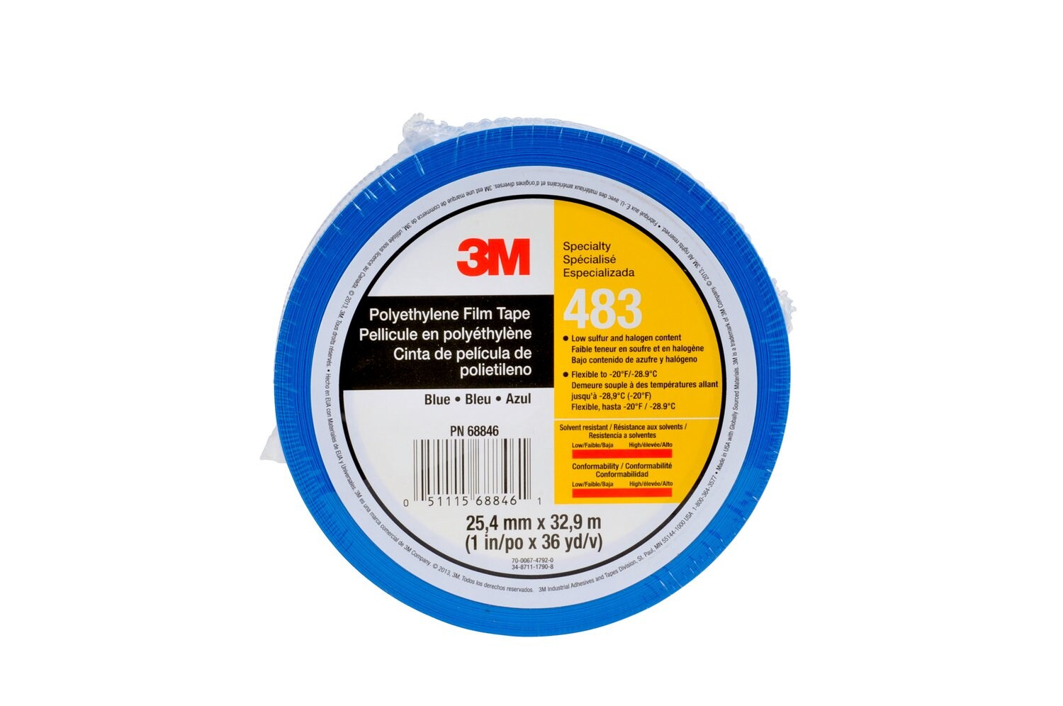 7010295458 - 3M Polyethylene Tape 483, Blue, 1 in x 36 yd, 5.0 mil, 36 rolls per
case, Individually Wrapped Conveniently Packaged