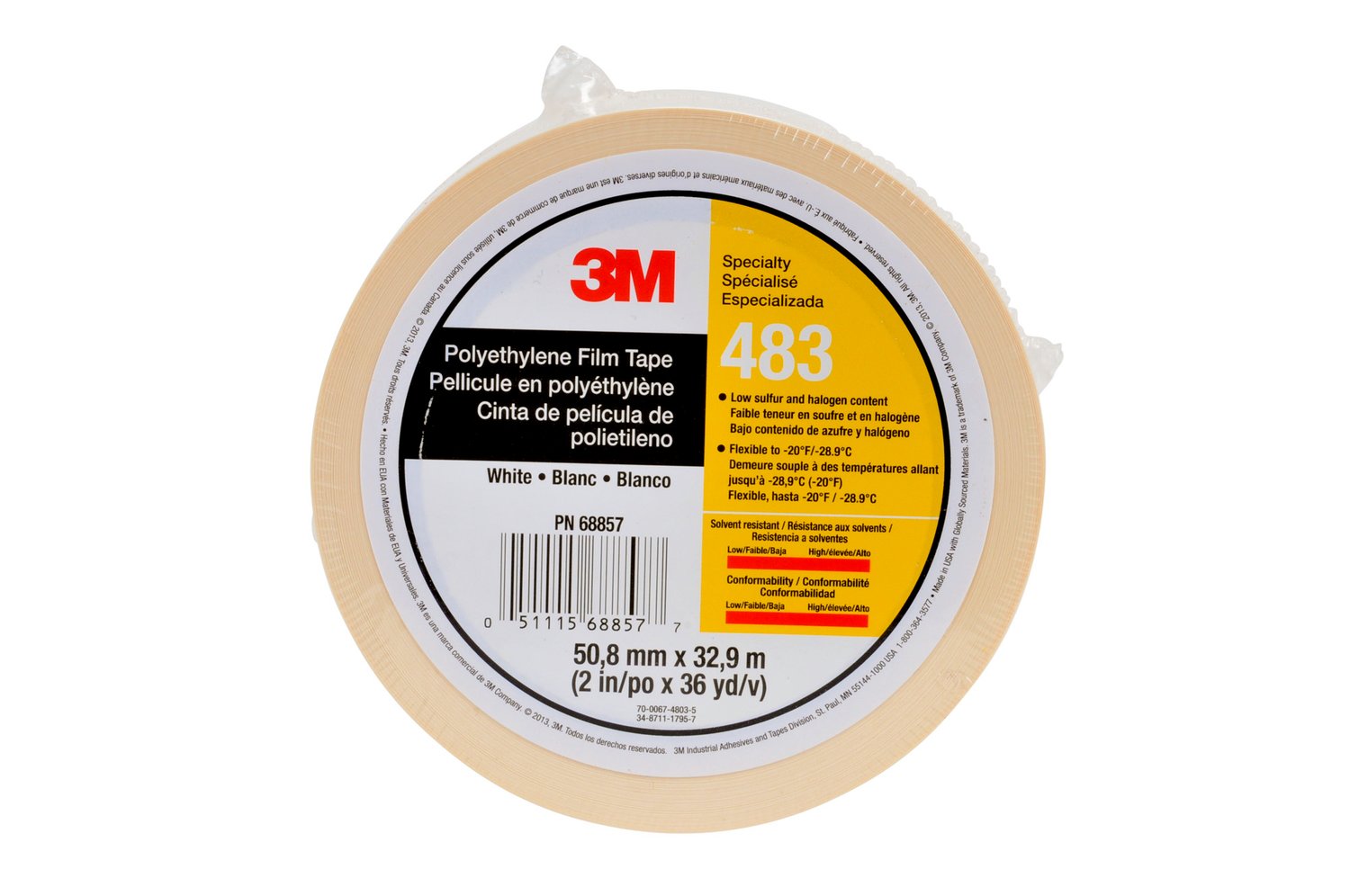 7010375090 - 3M Polyethylene Tape 483, White, 2 in x 36 yd, 5.0 mil, 24 Roll/Case, Individually Wrapped Conveniently Packaged