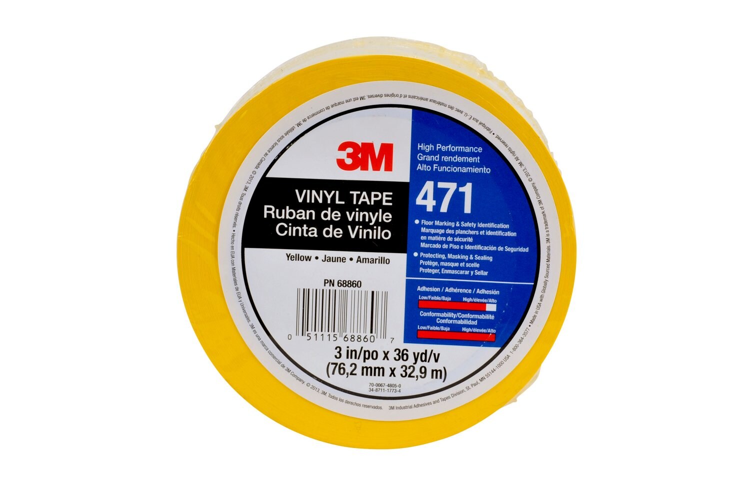 7010389792 - 3M Vinyl Tape 471, Yellow, 1/2 in x 36 yd, 5.2 mil, 72 rolls per case,
Heat Treated, Individually Wrapped Conveniently Packaged